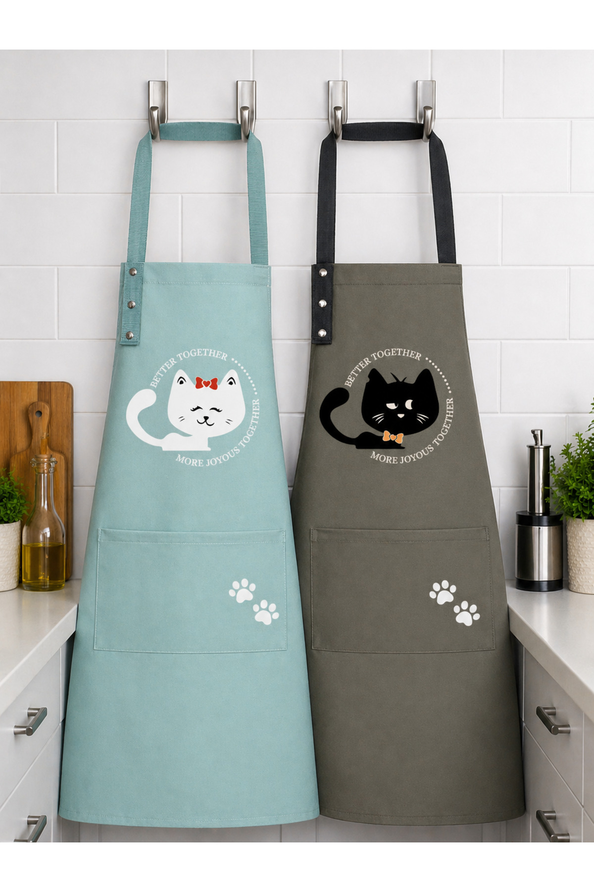 2-Piece Set Kitchen Apron Stain-Resistant Water Repellent Fabric Cat and Paw Printed Dowry Apron
