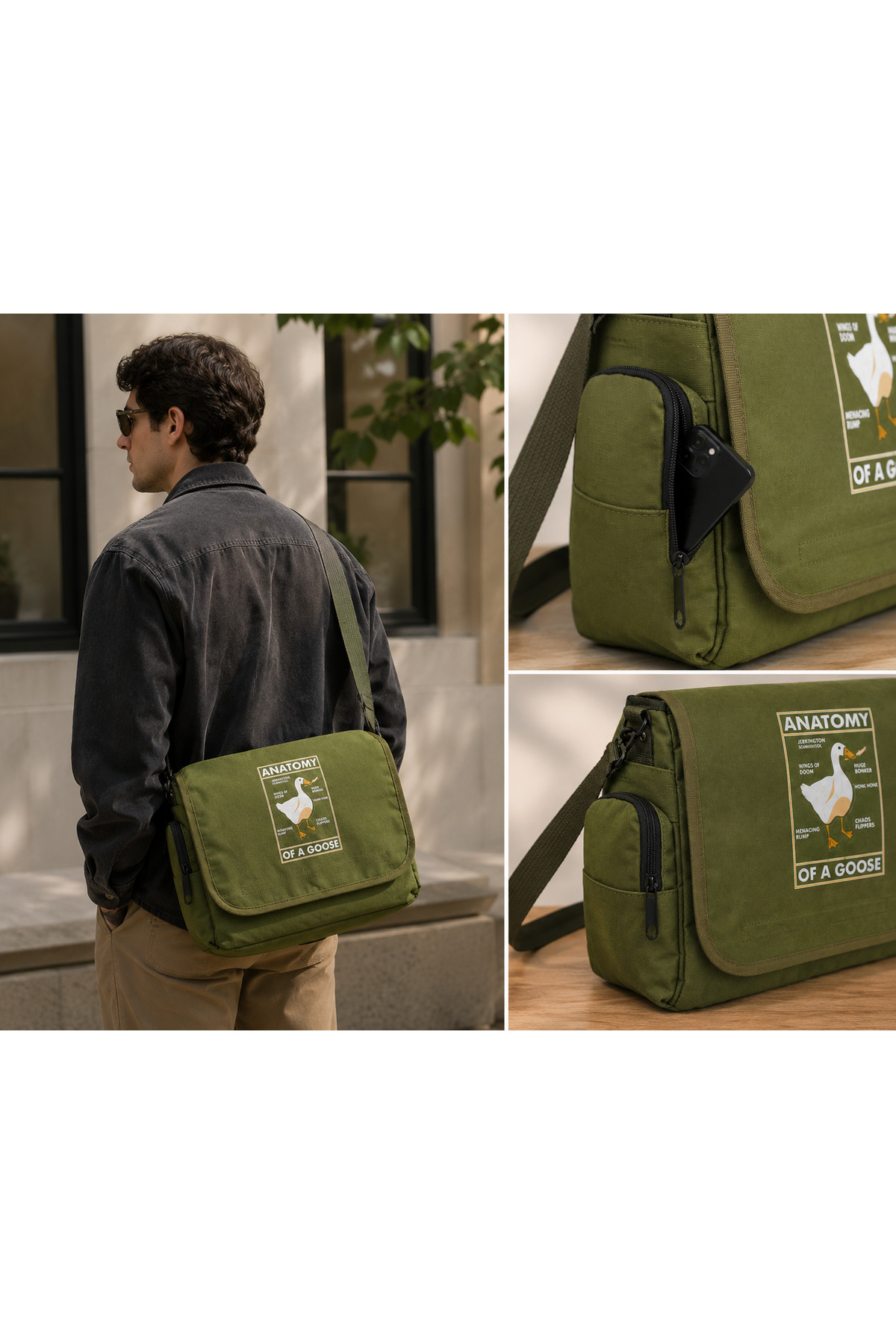 Moda West Duck Anatomy Baskılı Su Geçirmez Geniş İç Hacimli Suluk Cepli Unisex Postacı Çanta