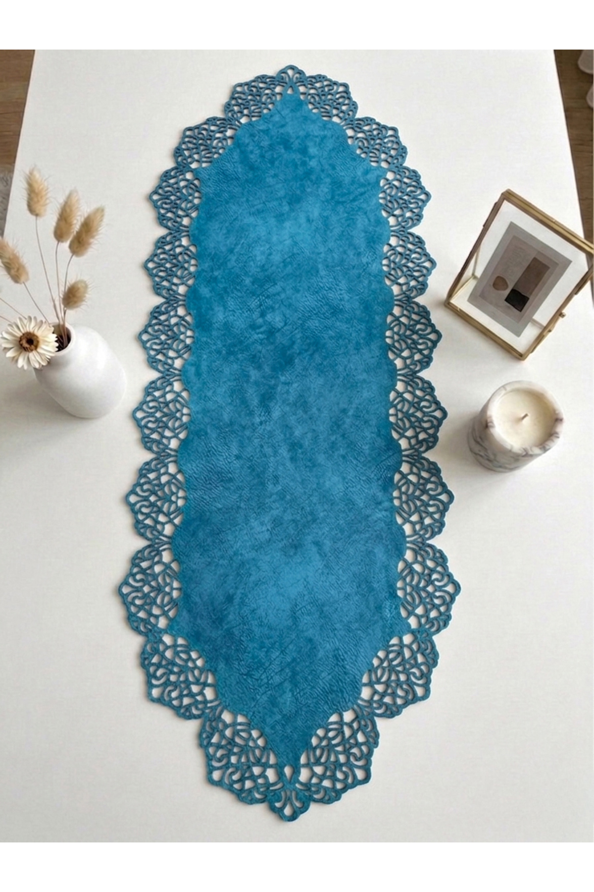Blue Suede Fabric Runner 40x100 Cm Coffee Table Length - Modern Design