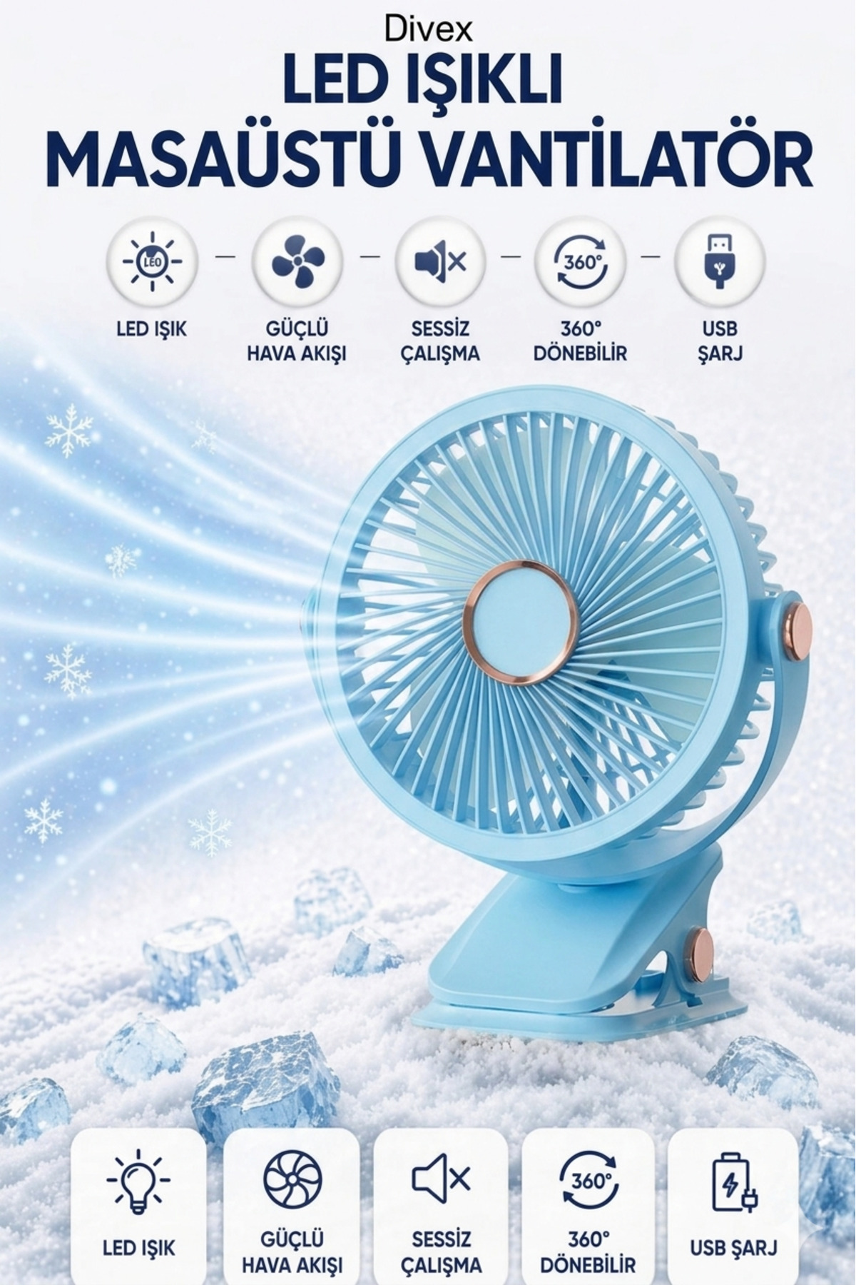 Divex Masaüstü Şarjlı 360° Dönebilen Klipsli Fan Vantilatör