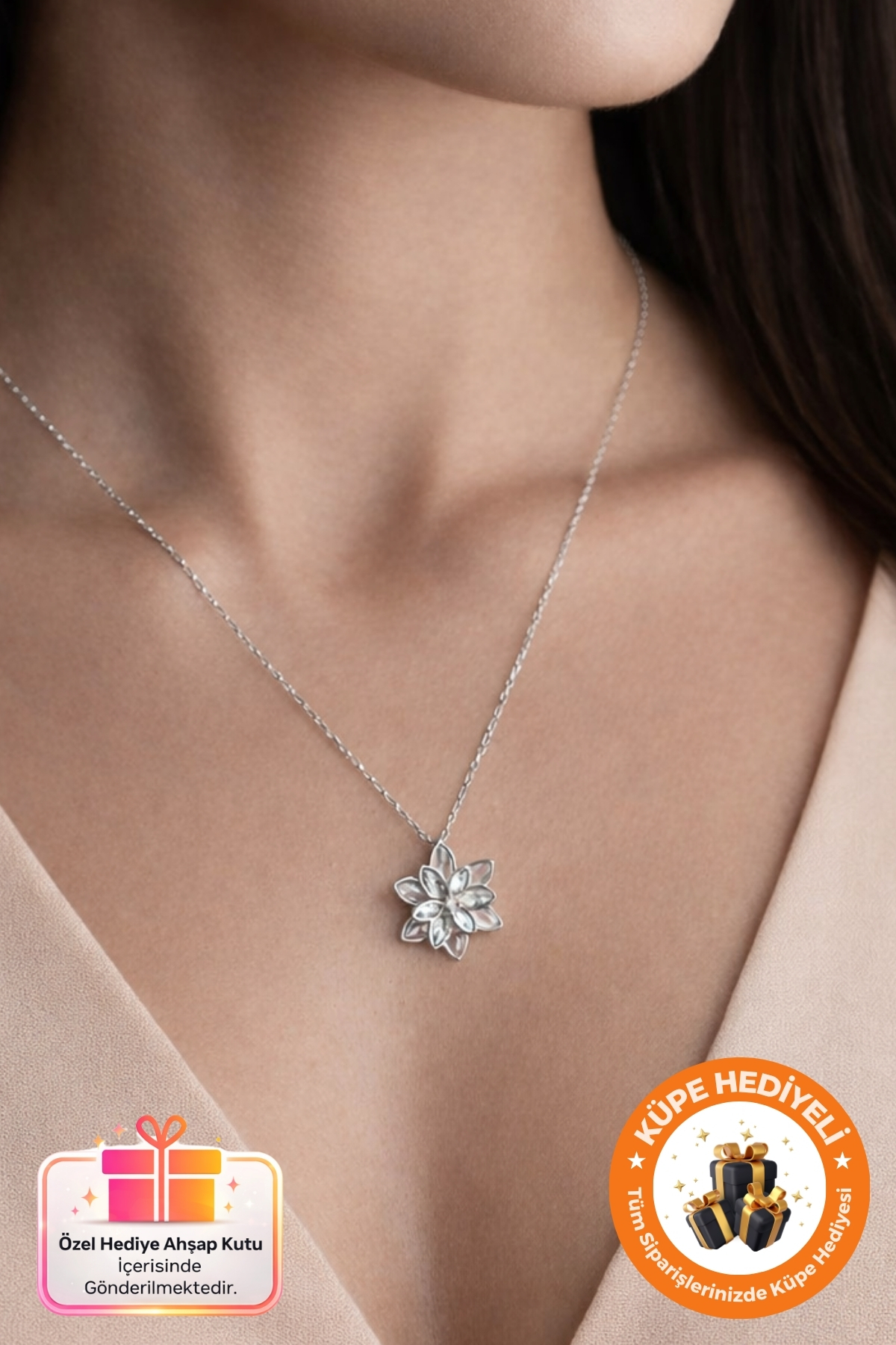 Lucente Jewellery 925 Ayar Aşk Şans Bolluk Bereket ve İç Huzur Simgesi Beyaz Taşlı Katmanlı Lotus Kararma Karşıtı Rodyum Güçlendirmeli Gümüş Özel Gün Hediyesi 45 Cm Zincirli Küpe Hediyeli Lotus Çiçeği Kadın Kolye