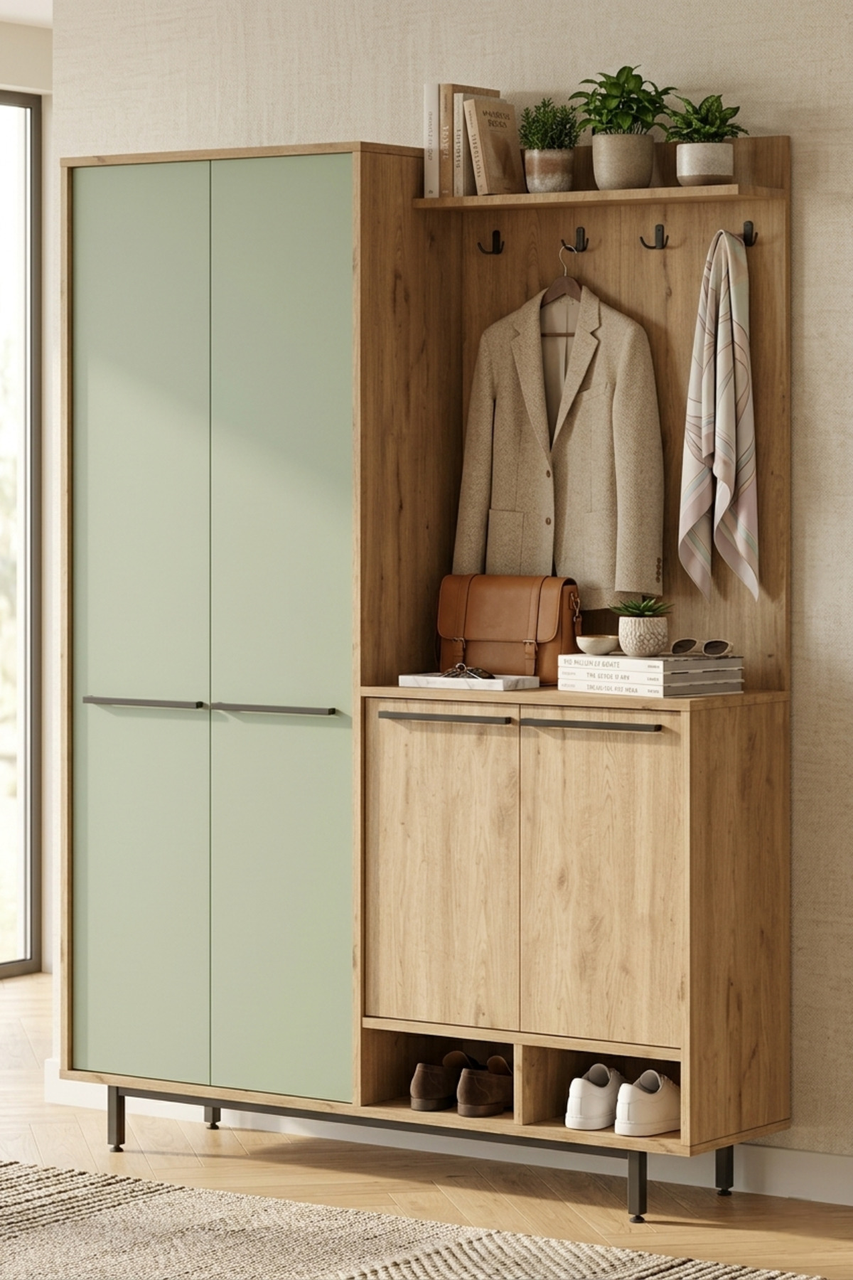 Oasis Coat Rack Cloakroom Shoe Basket with Metal Feet -Linden Green