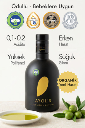 Ayolis Premium Organik Zeytinyağı 500 ml Ödüllü Soğuk Sıkım Bebek Natürel Sız...