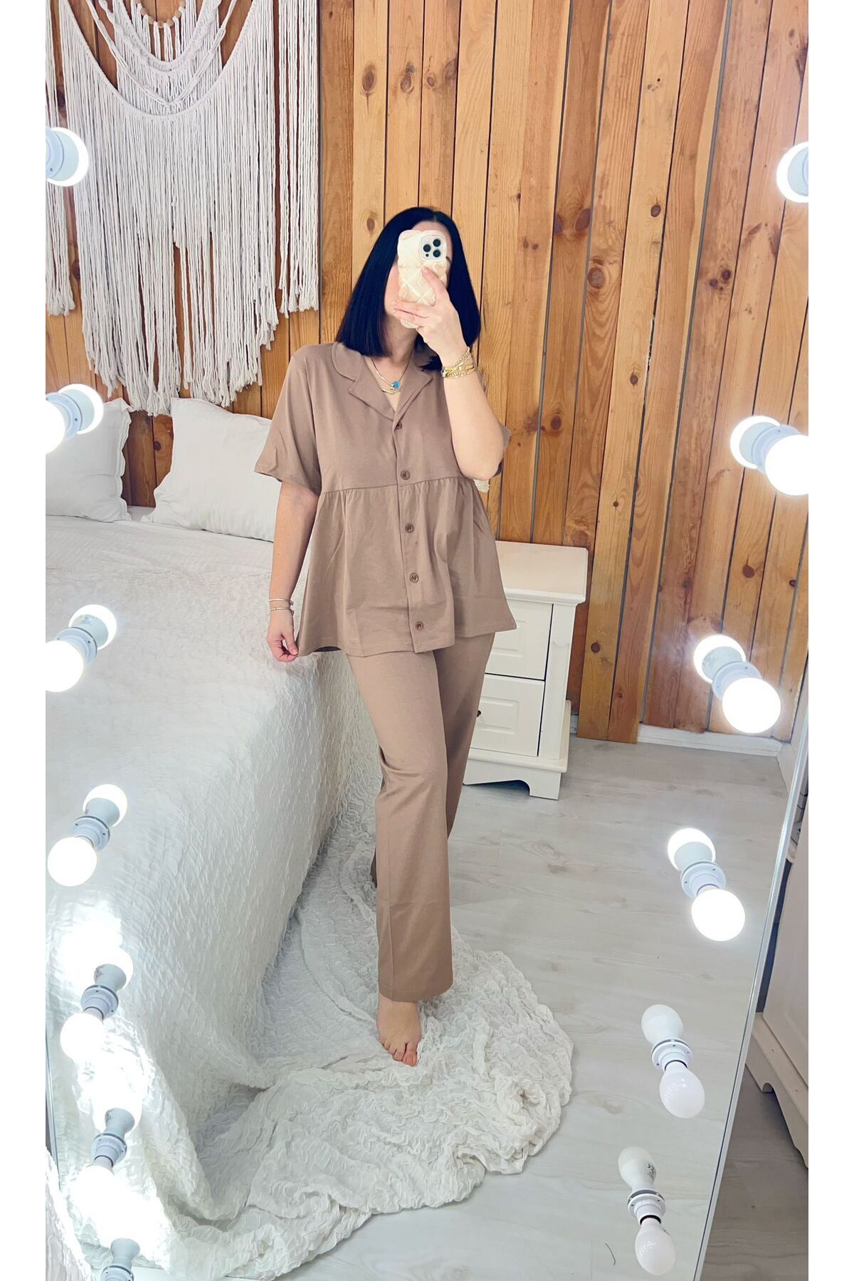 Brown short sleeve combed cotton fabric maternity puerperal pajamas set (WIDE FIT )