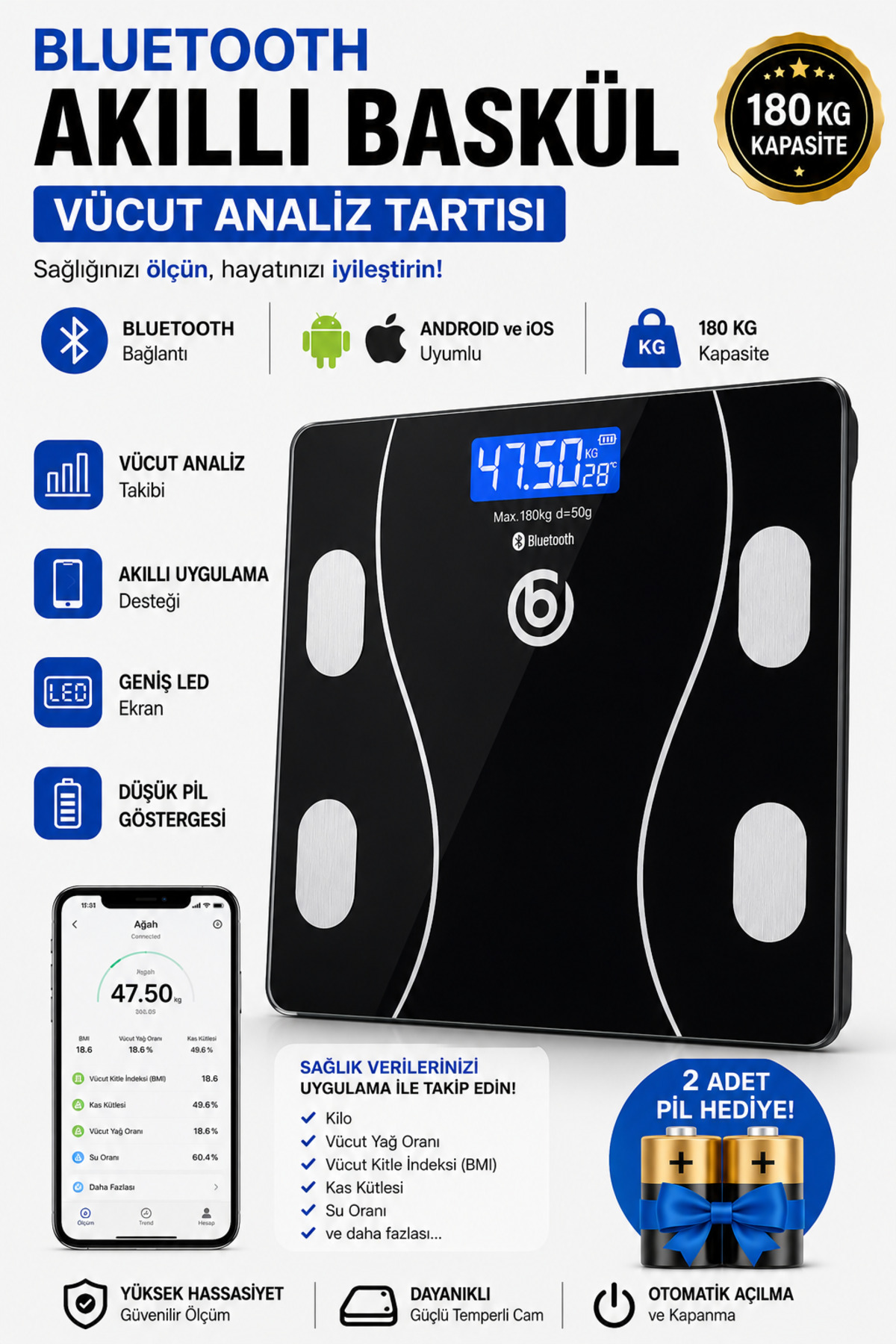 bydiz Dijital Baskül Bluetooth Vücut Analiz Tartısı - Akıllı Yağ Ölçer - Android iOS Uyumlu 180 KG - Fiyatı, Yorumları