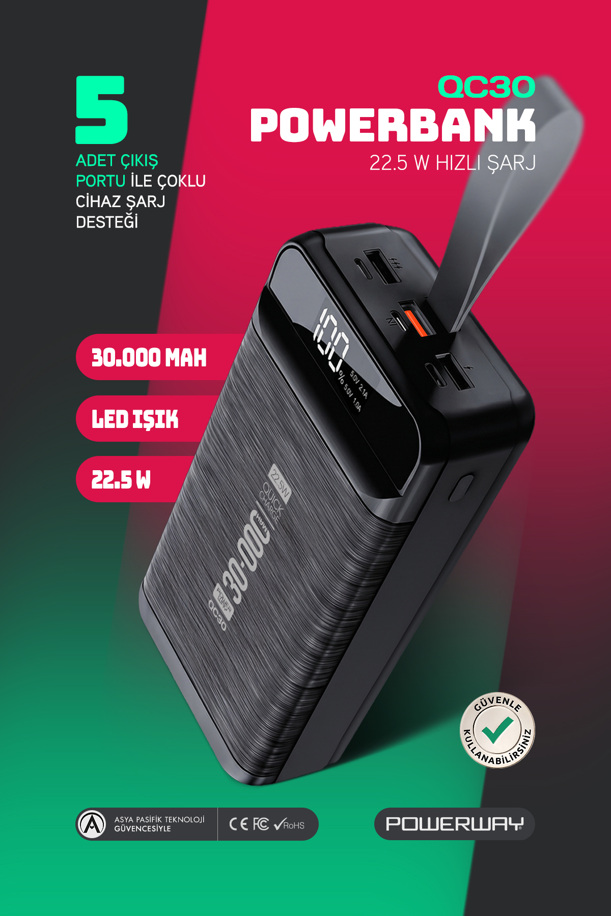 30,000 mAh PD 22.5 W Fast Charging Real 30,000 mAh Guaranteed Led Flashlight Digital QC30 Black Powerbank