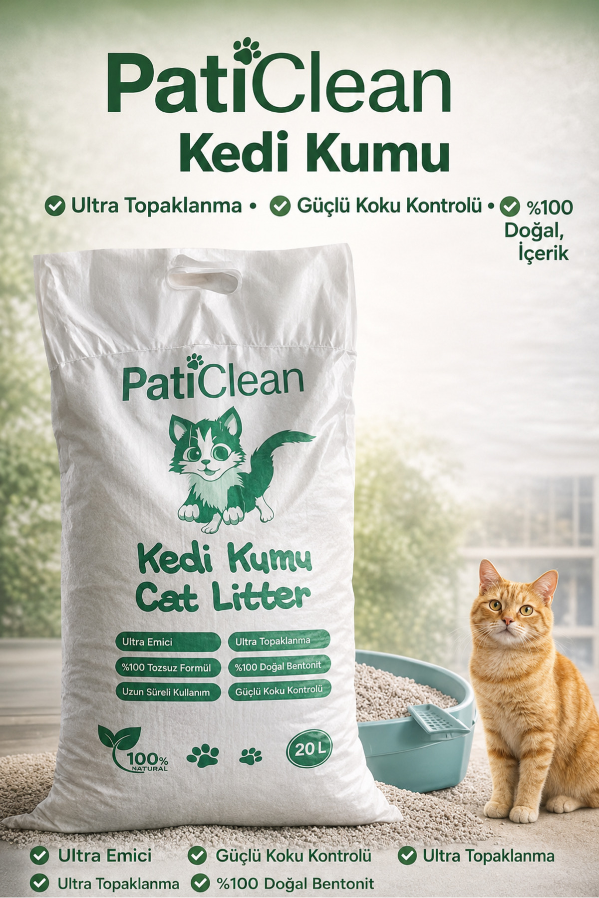 Pati Clean 20 Lt %99 Tozsuz İnce Taneli Süper Topaklanan Beyaz Bentonit Kedi Kumu Kokusuz Organik Kedi Kumu - Fiyatı, Yorumları