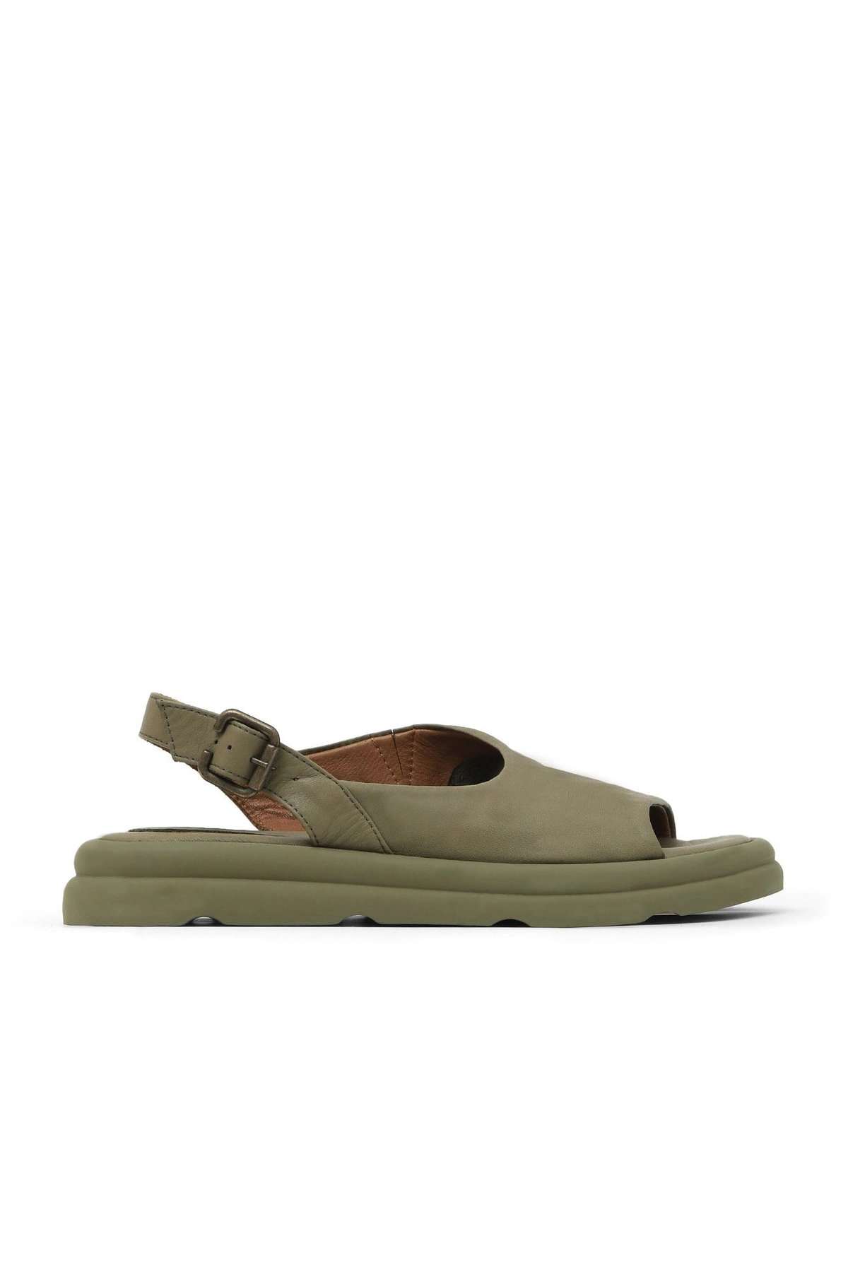 Khaki Women's Leather Flat Sandals 01wy9407