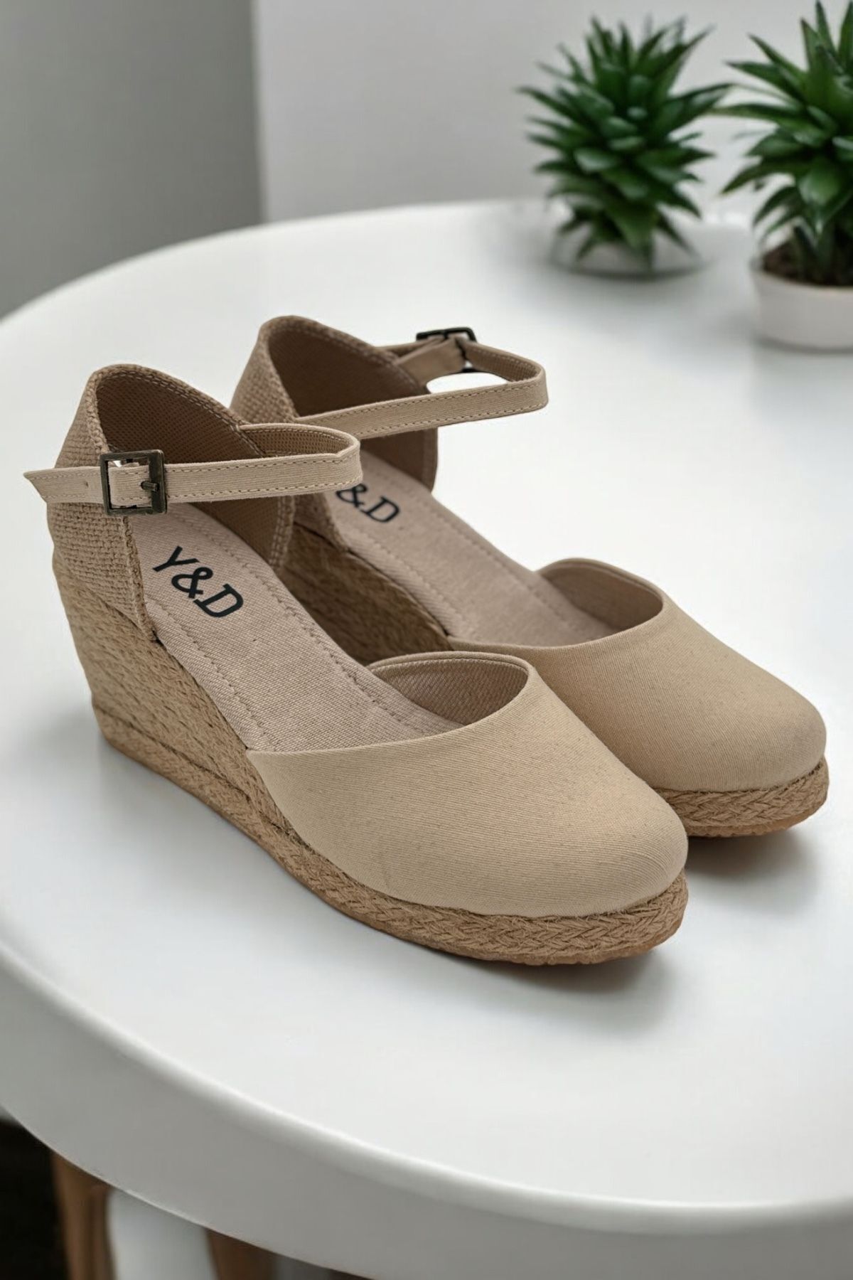 Y&D Shoes Dolgu Topuk Arkası Açık Hasırlı Keten Sandalet görsel 7