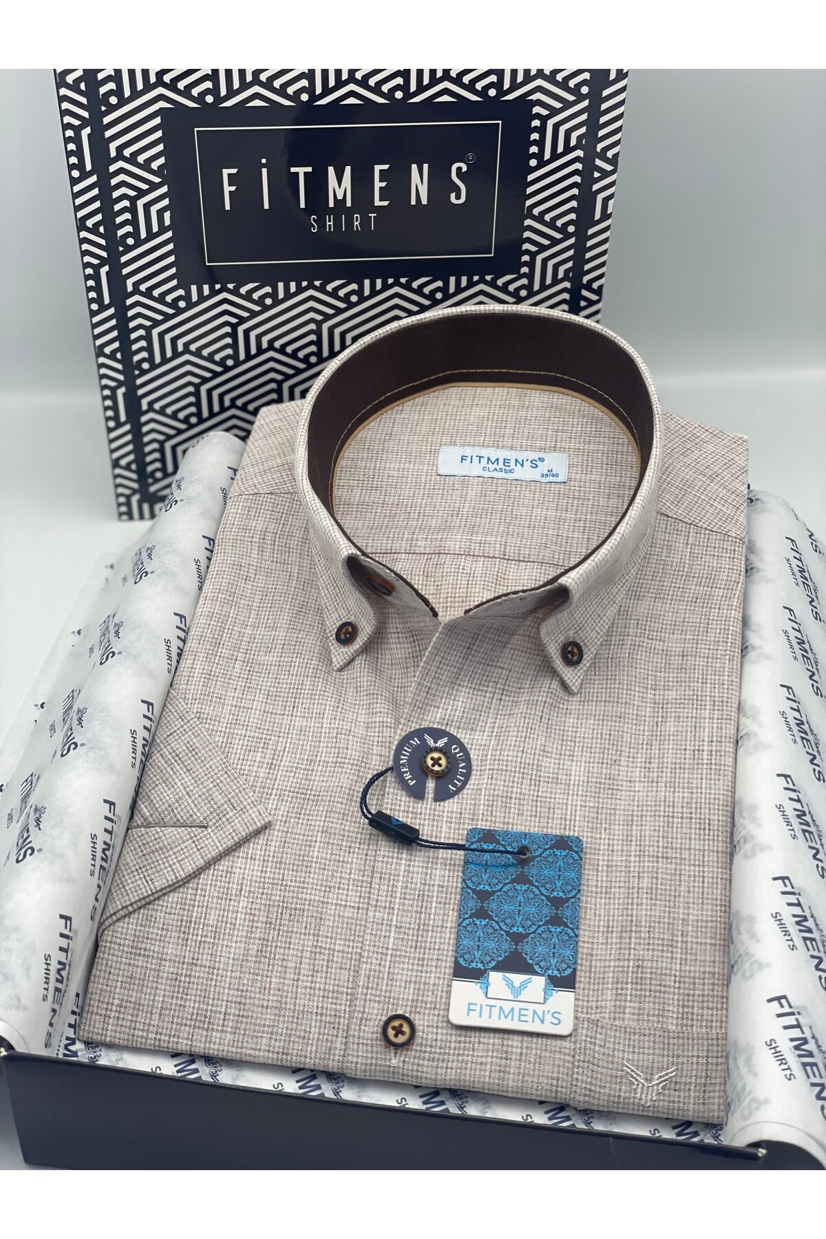 Classic Short Sleeve Linen Collar Buttoned Gift Boxed Men's Shirt FS-003626-Brown