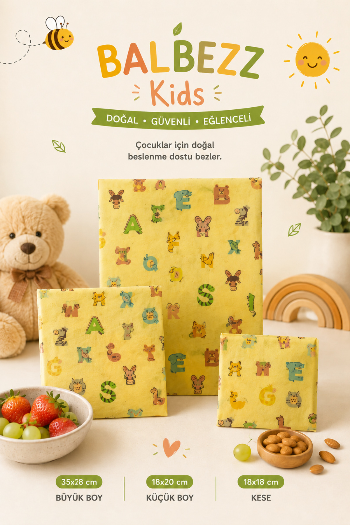 BalBezz Kids Natural Wax Storage Cloth Set of 3 – Children's Feeding Set – Reusable Cloth Pouch and Food Storage Cloth