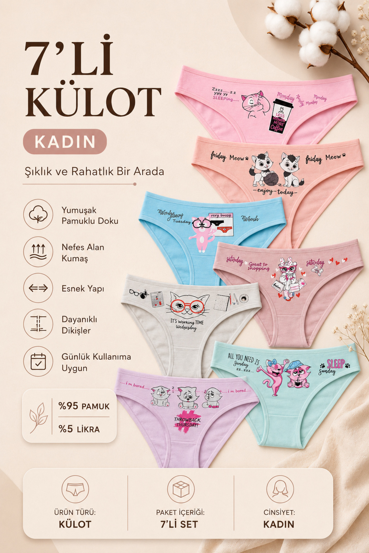 Nicoletta Mıxcolor Kadın Külot 7'li Paket Baskılı