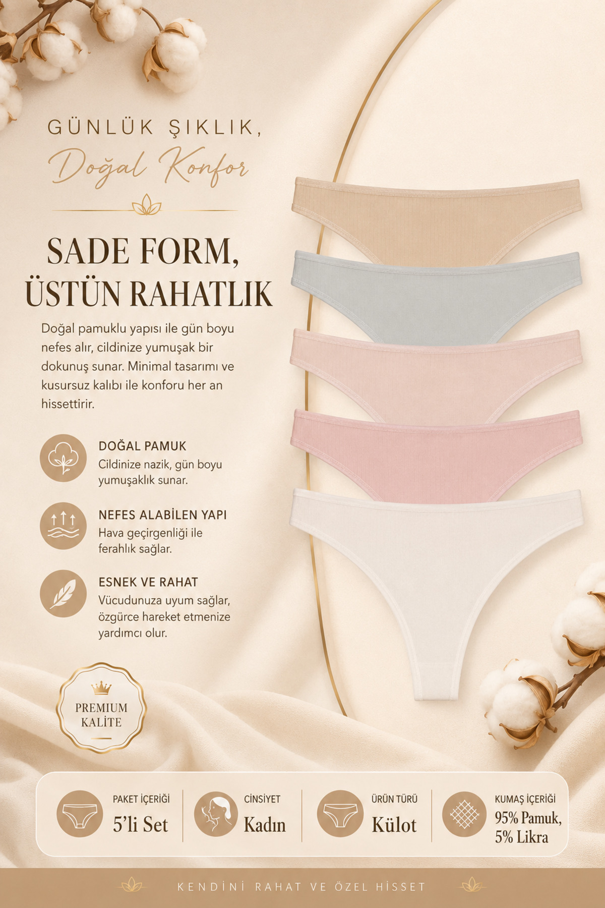 Nicoletta Kadın Külot Brazillian Tanga 5 li Paket EKRU görsel 3
