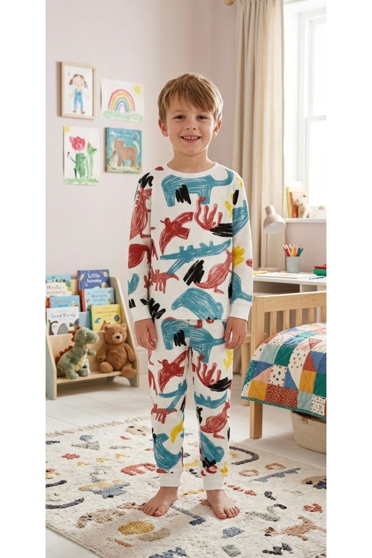 elmas kids Boy's White Colored Animal Patterned Camel-elephant-crocodile Long Sleeve 100% Cotton Pajamas Set