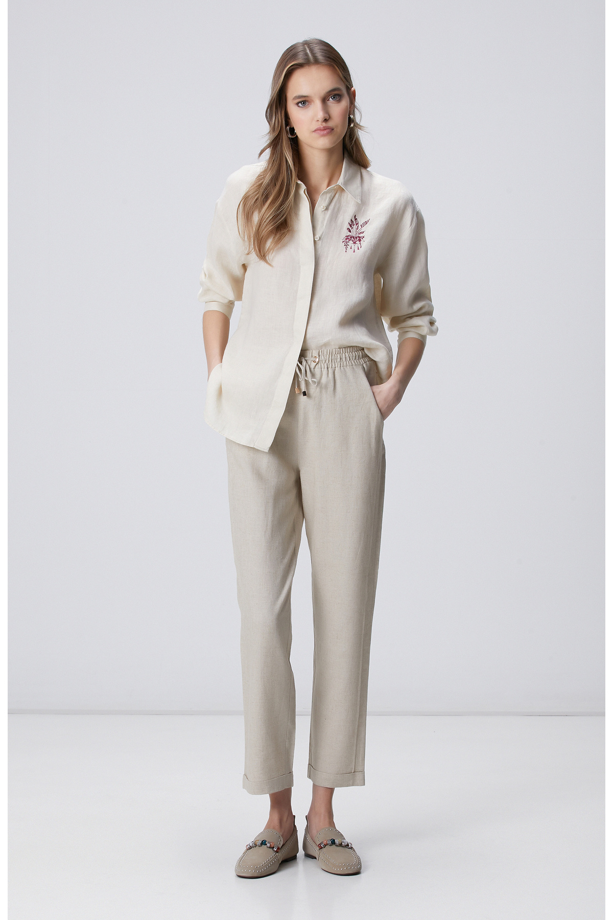 Natural Rib Detailed Linen Mix Pants