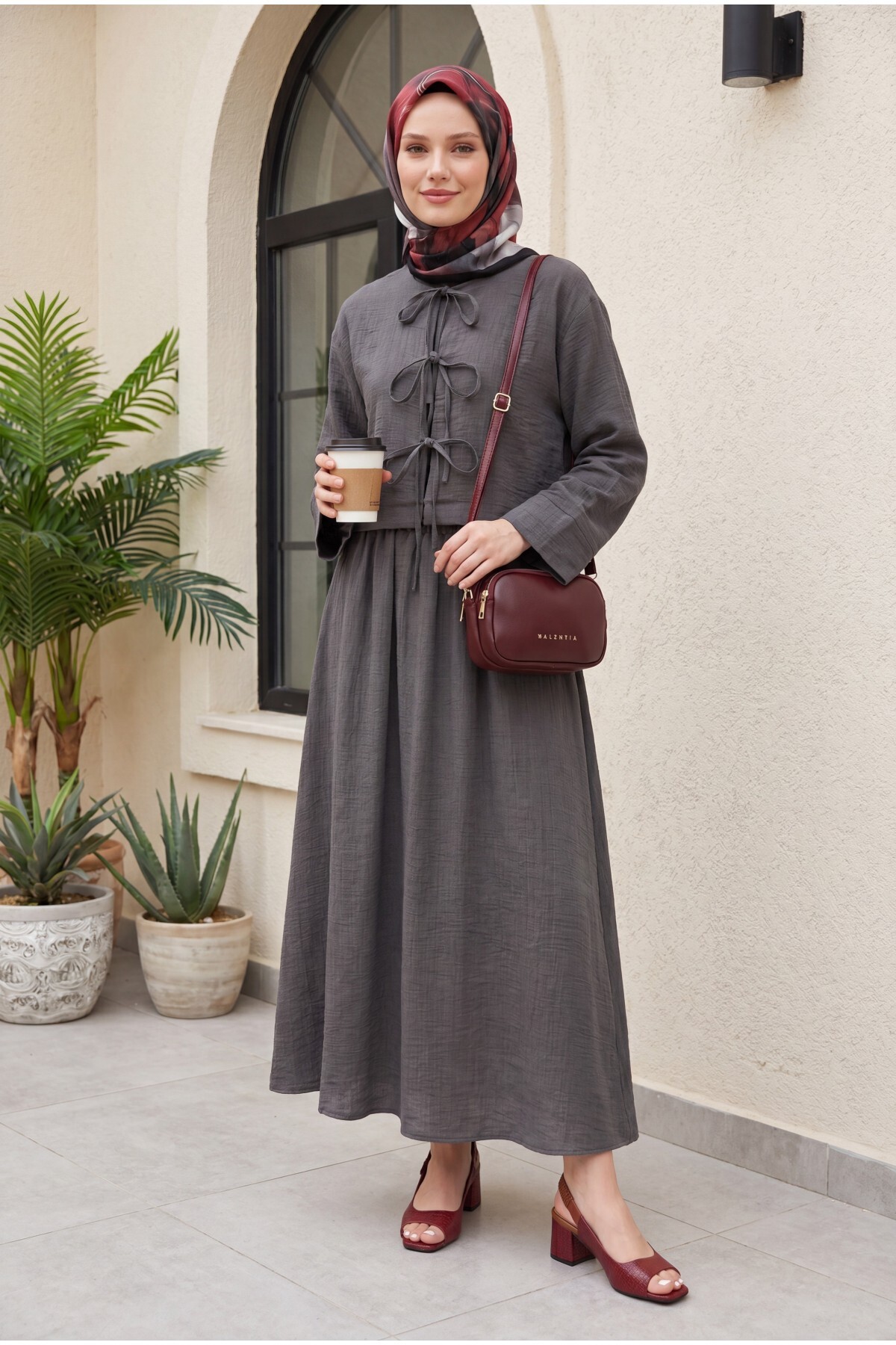 Modamorfo Linen Look Suit with Lace-Up Front and Elastic Waist Skirt - Anthracite