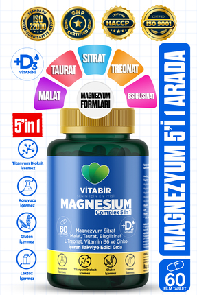 vitabir 5X Çoklu Magnezyum Complex | 5i1 Arada Bisglisinat, Taurat, Malat, Si...