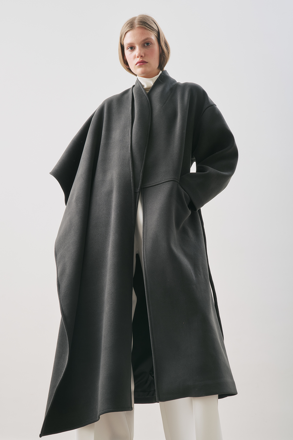 SOFT CACHET SCARF COAT ASH BLACK