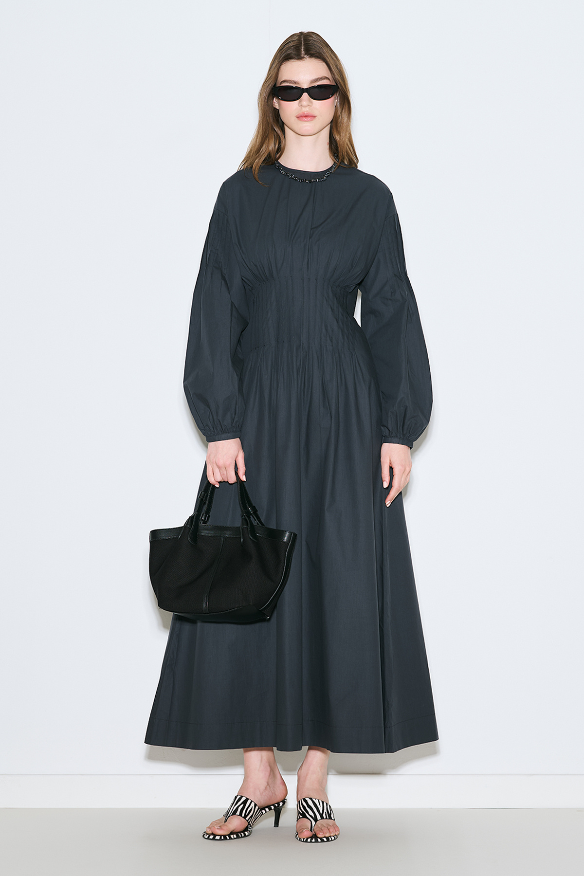 Manuka Dress with waist pleat detail navy blue