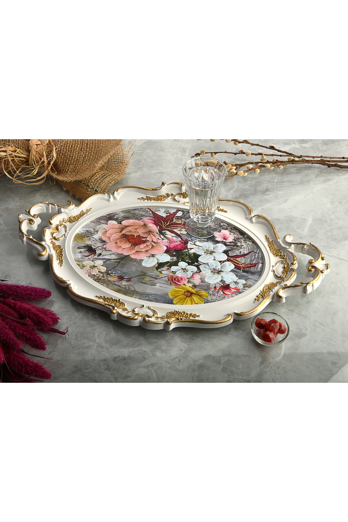 Hürrem Floral Patterned Luxury Serving Tray | Soil-Decorative Serving Tray | 48x28 cm