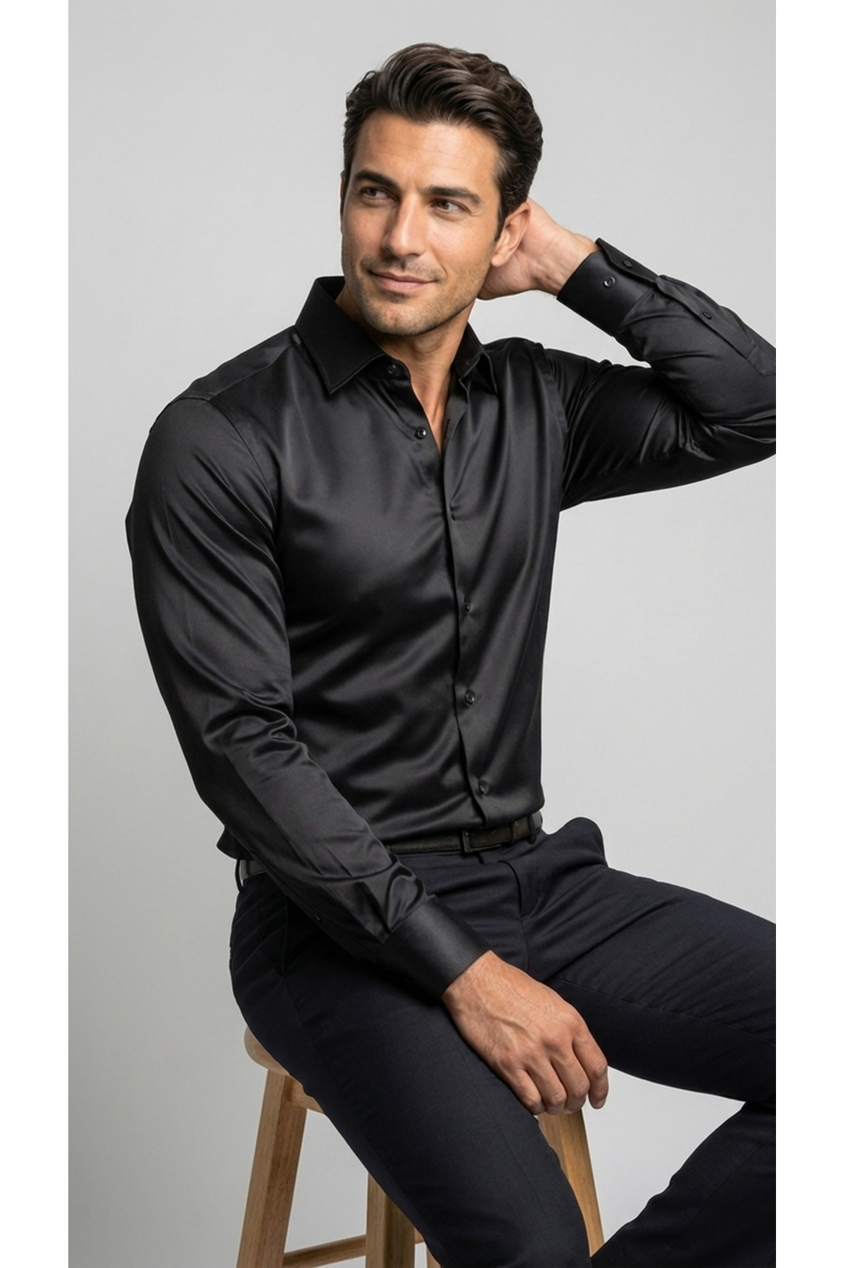 Erkek Slim Fit Klasik Saten Gömlek Uzun Kollu Modern Kesim — مشکی VYM-183292-MN — تصویر 4 از 8