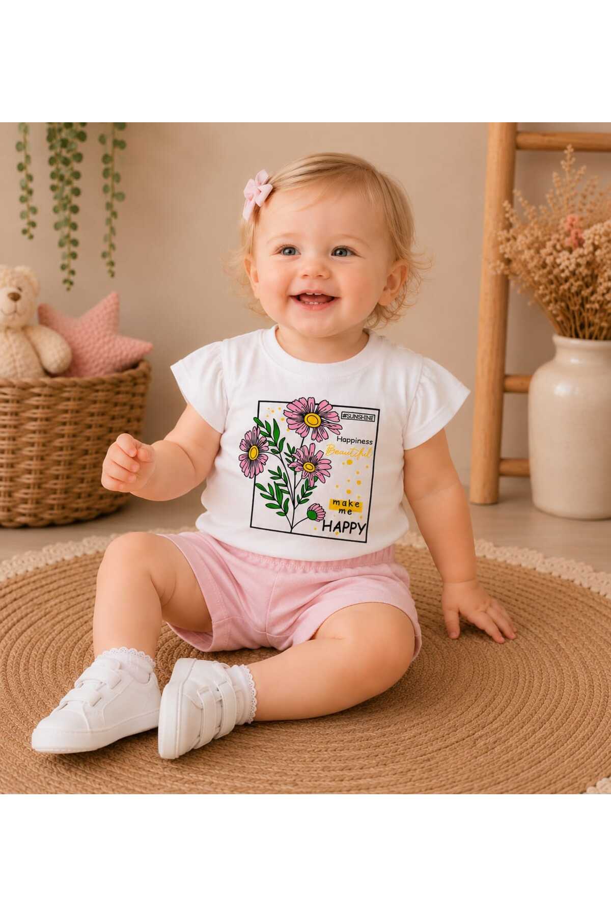 krm kerem bebe Floral Patterned Baby Girl Shorts Summer Top and Bottom Set