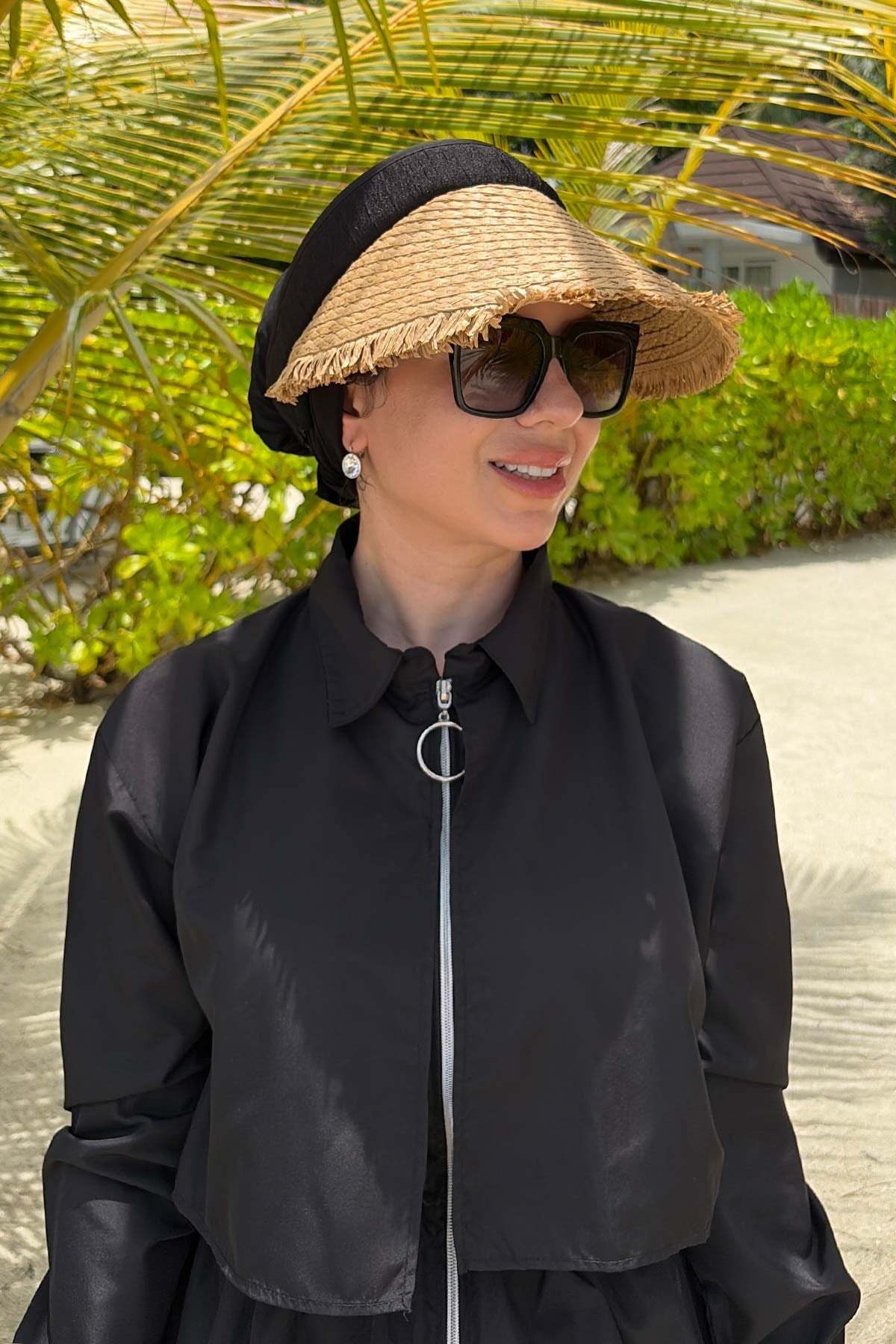 Ka Hijab Adjustable fringed straw visor hat - beige
