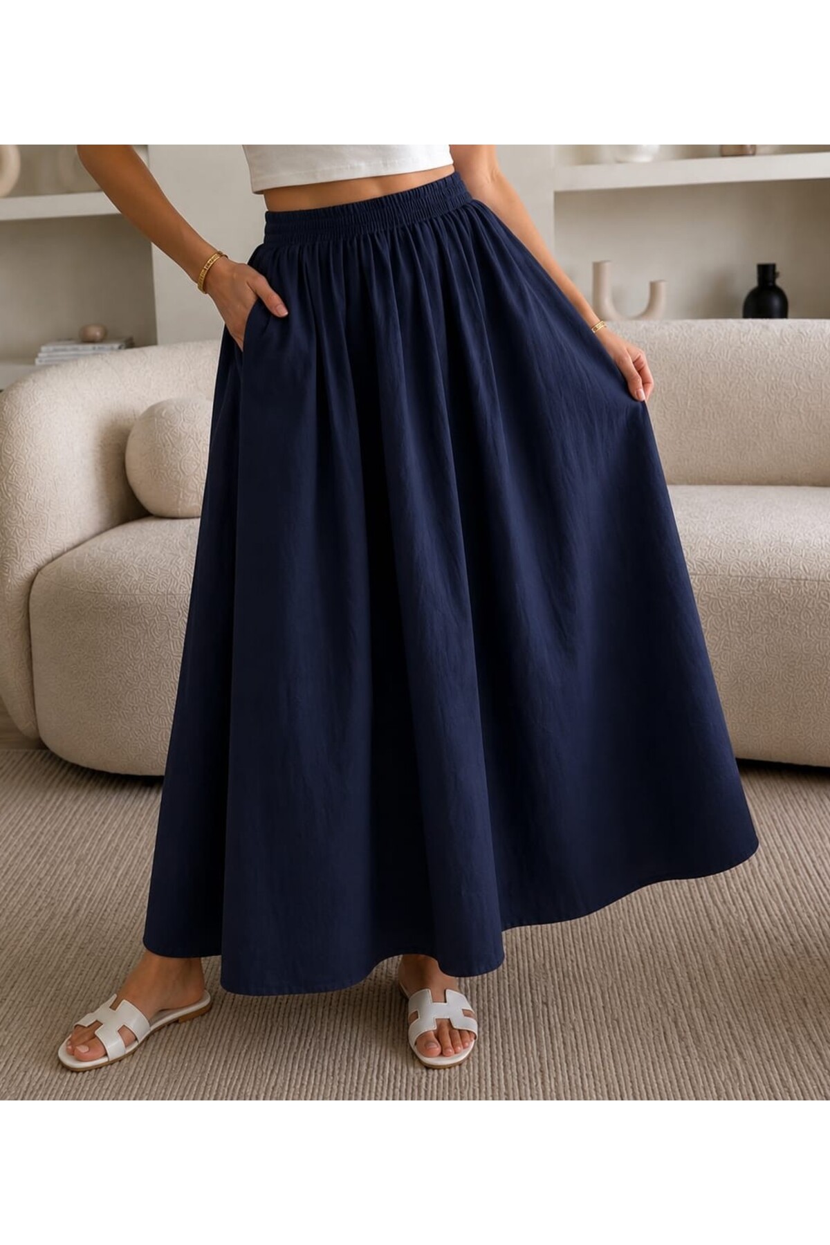 Gülmude  Çift Cepli Poplin Kumaş Beli Lastikli İç Göstermez Maxi Etek (90 CM) - Görsel 3