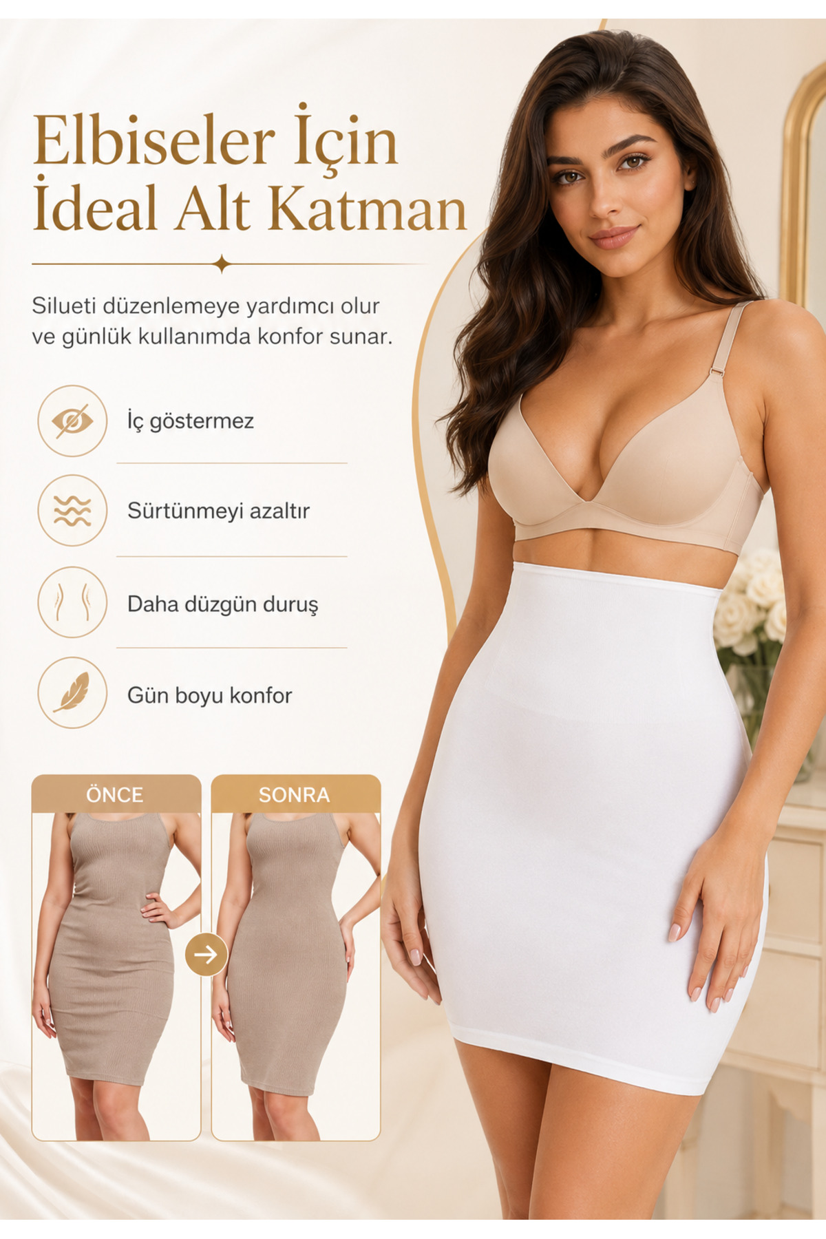 Formactive Kadın Yüksek Bel Jüpon Dikişsiz Korse Beyaz - Karın Kontrolü & Esnek Tasarım 1090 görsel 5