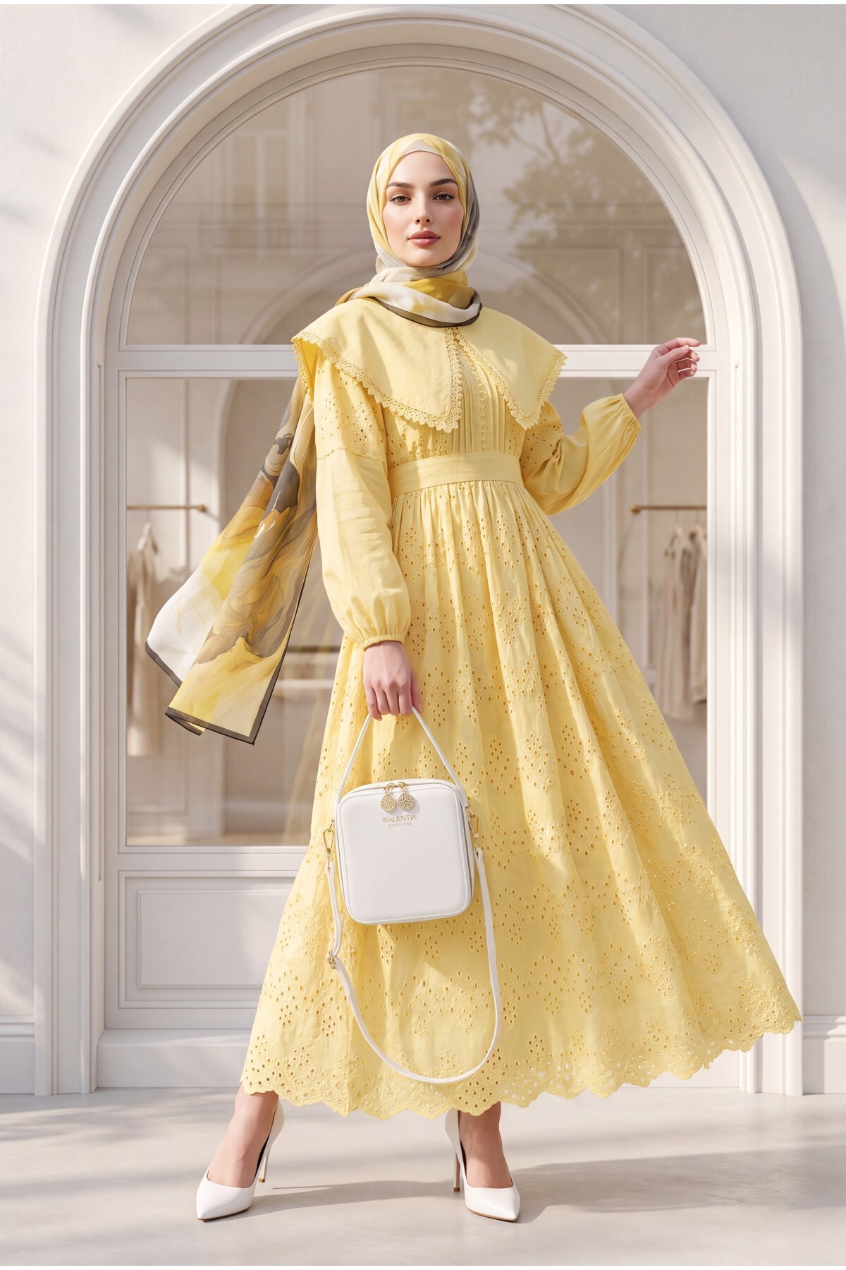 Modamorfo Cape Collar Lace Detailed Dress - Yellow