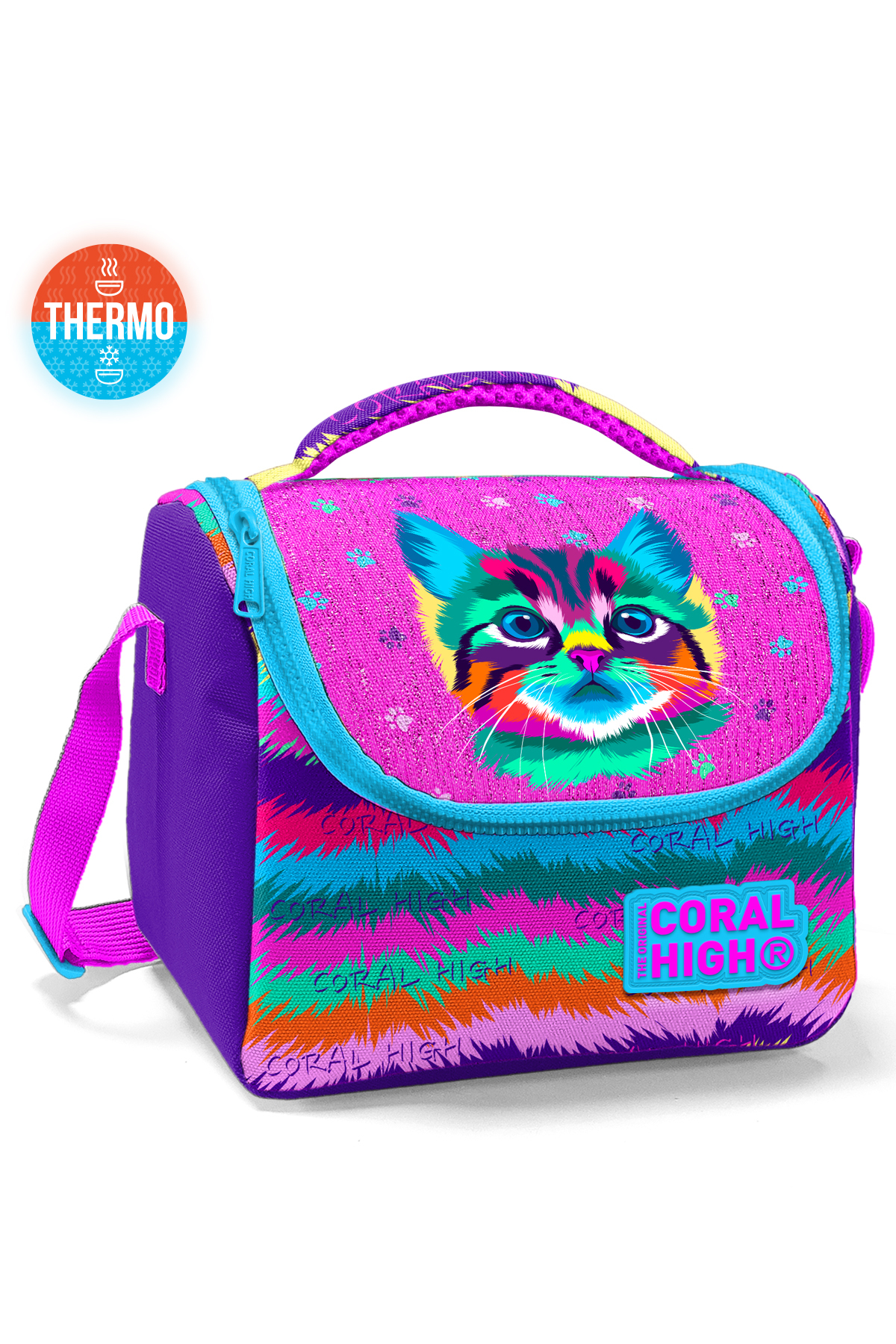 Kids Purple Pink Cat Pattern Thermo Lunch Bag Elementary Lunch Bag