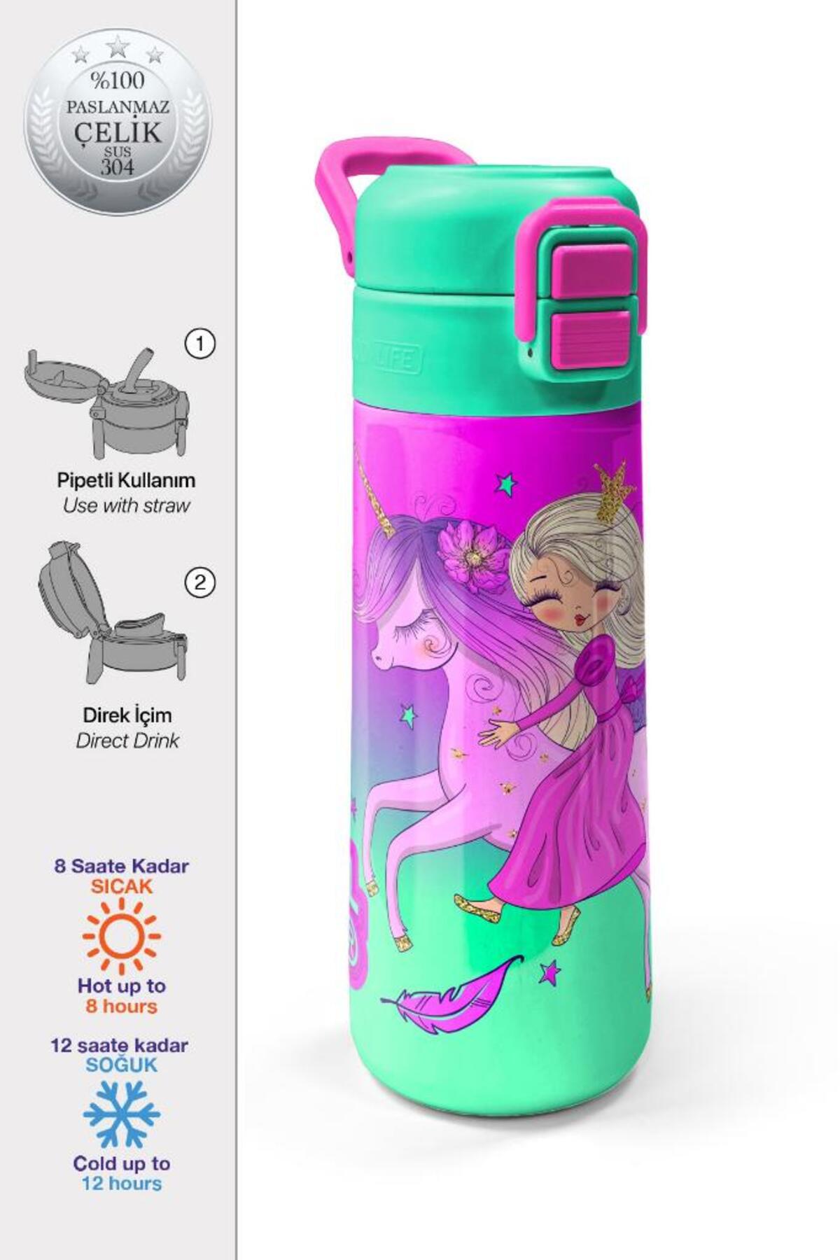 Kids Açık Pembe Mor Unicornlu Prenses Desenli Pipetli ve Direkt İçim Çelik Termos 500 ml