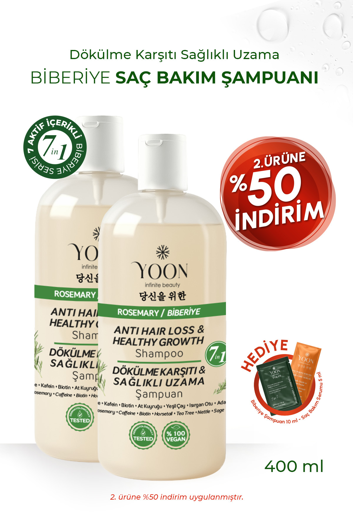 YOON 2'li Set Saç Dökülme Karşıtı, Sağlıklı Hızlı Saç Uzatma, 7 Aktifli Tuzsuz Biberiyeli Şampuan 2x400ml — RY-83535