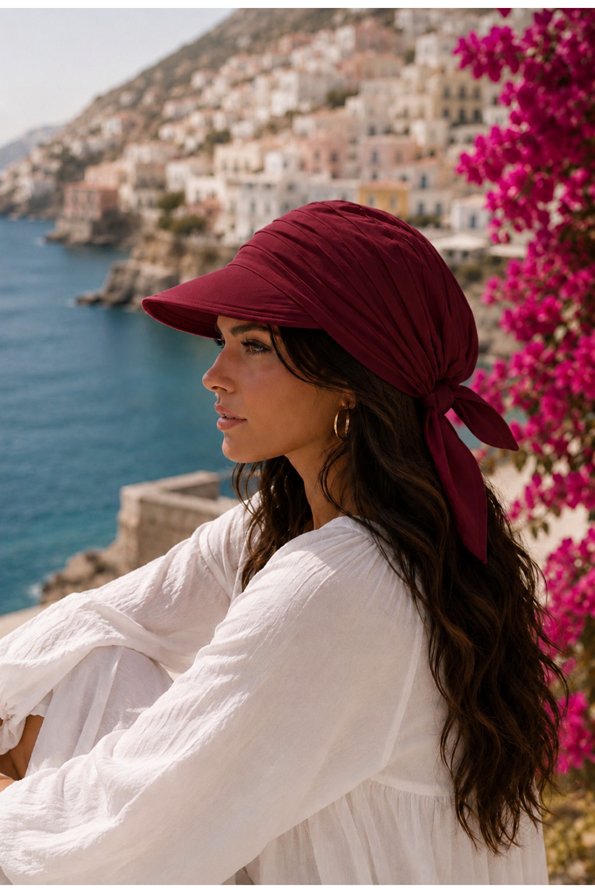 Wearflawless Bordo Safari Bağlamalı Siperli Bandana Şapka, Yazlık Güneşlik Şapka Plaj Deniz Vizör Şapka