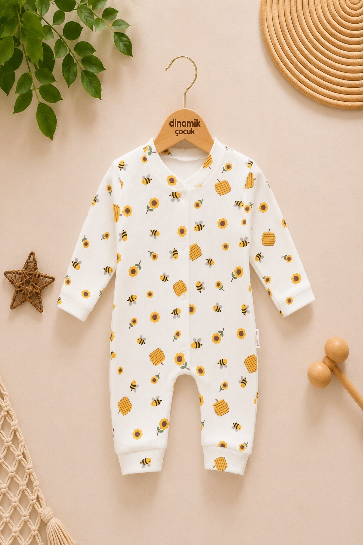 Baby Bee Printed Snap Fastener Newborn Baby Jumpsuit 100% Cotton Flexible 1-3-6 Months Unisex
