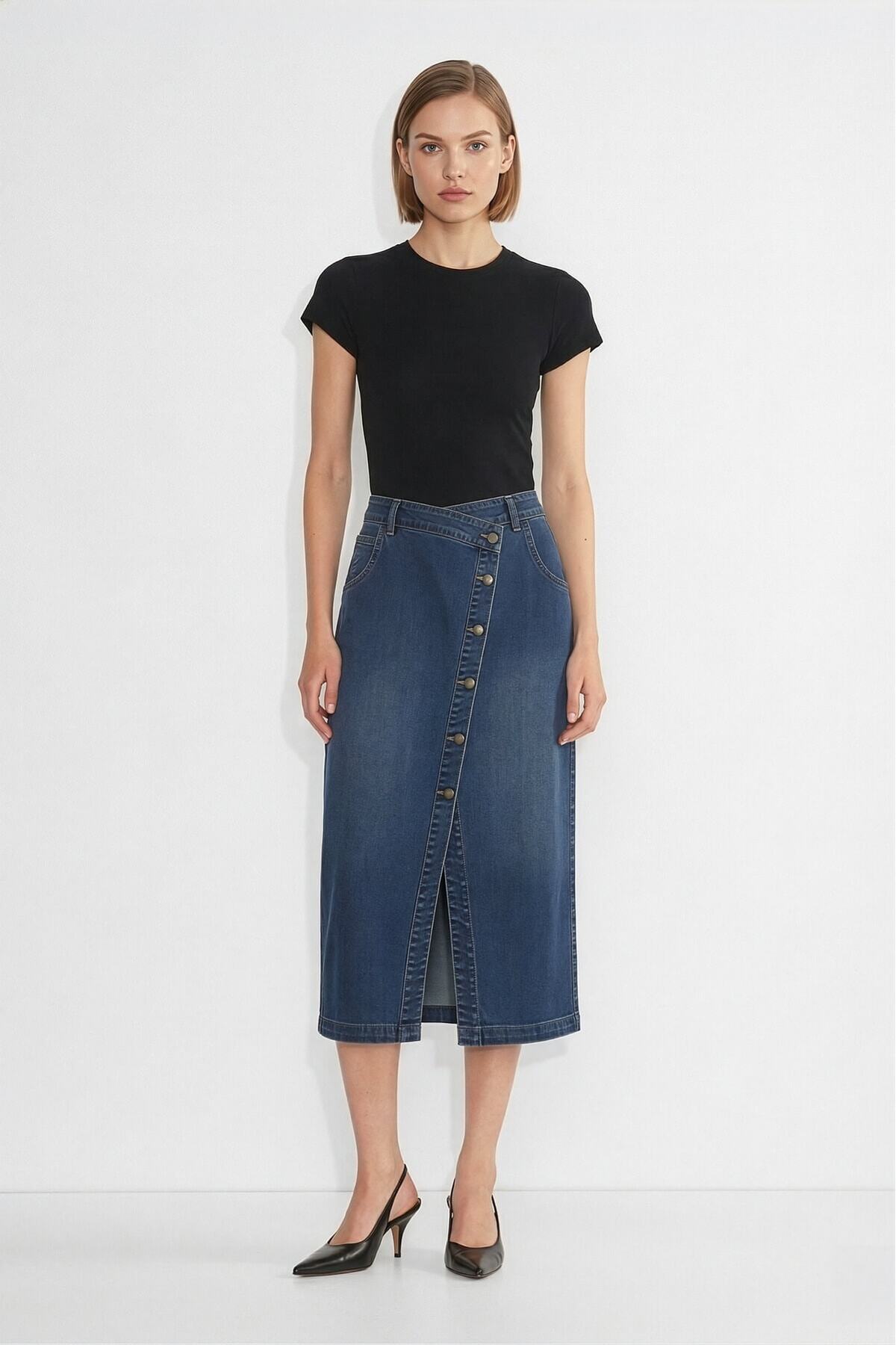 Midi Size Lycra Navy Blue Jean Skirt with Side Button on Front