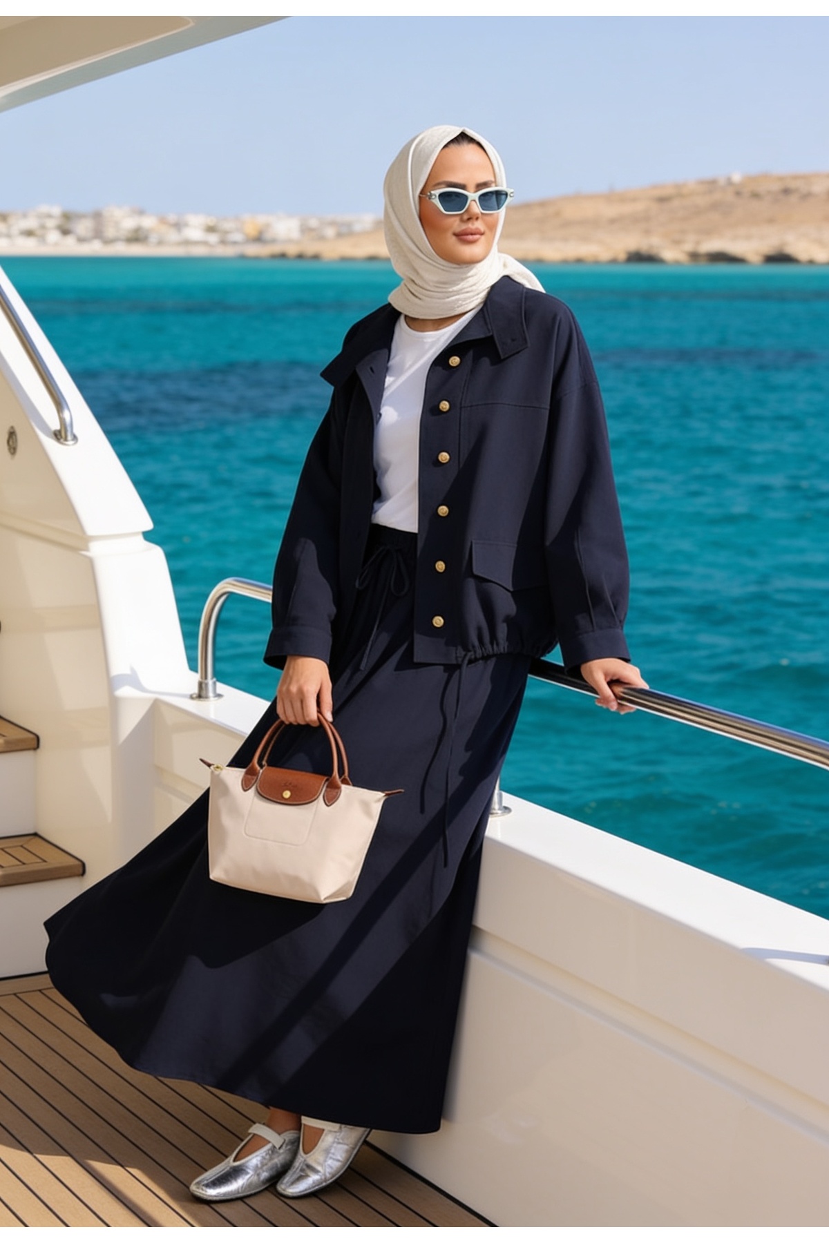 Aselim Hijap Moda Aurelia Gold Tensel Set - Skirted Suit - Navy Blue