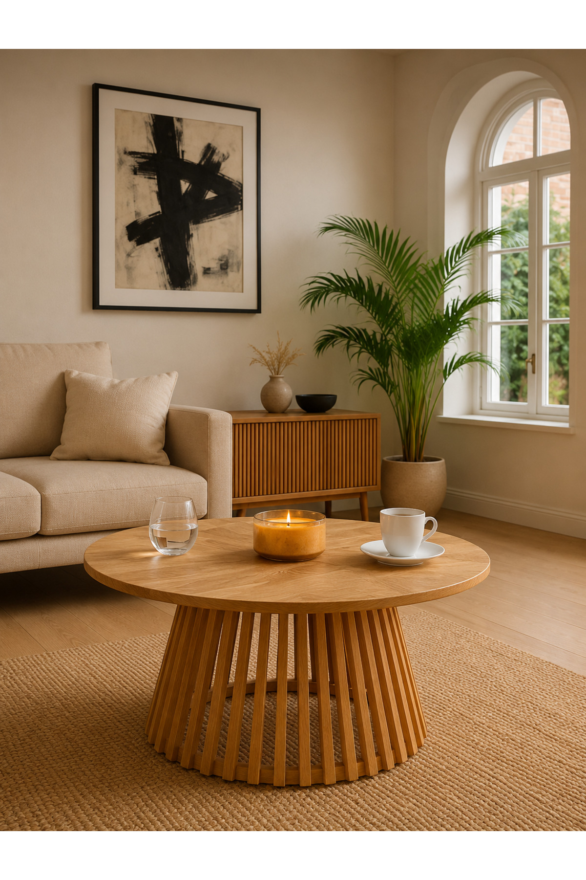 Side, Round Lath Coffee Table, Natural, 80x41cm