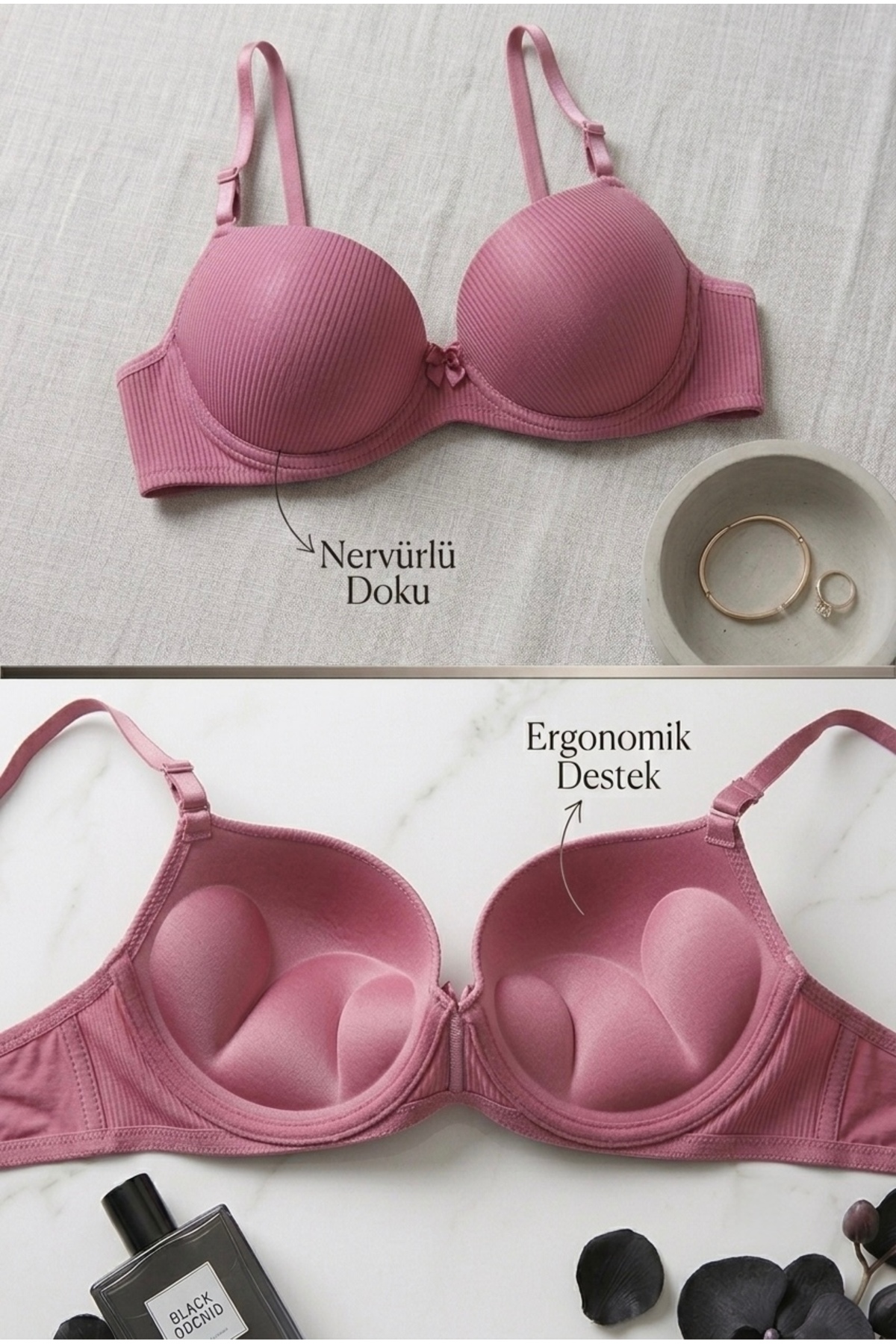 Lavint Homewear Gül Kurusu Çizgili Dokulu Push-Up Balenli Destekli Micro Sütyen