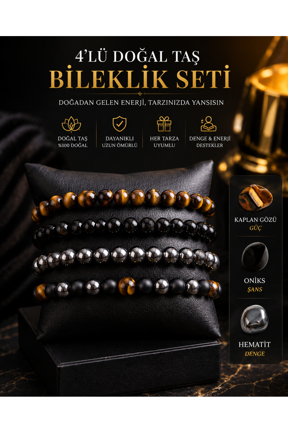 Kusakli Güç Şans Denge Çakra Bilekliği (kaplangözü-hematit-oniks) SM kadın LXL erkek beden