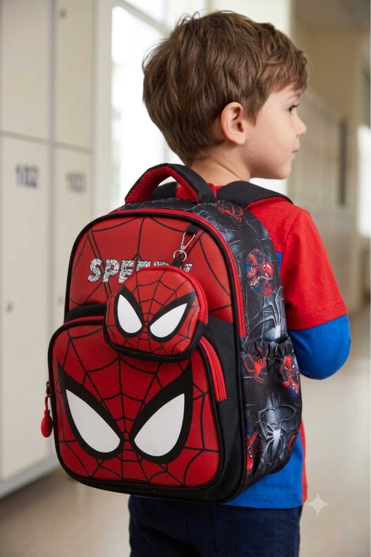 JF Jasfur Leather Printed Spider Theme Red-Black Nursery, Preschool Backpack Children's Bag with Wallet Gift