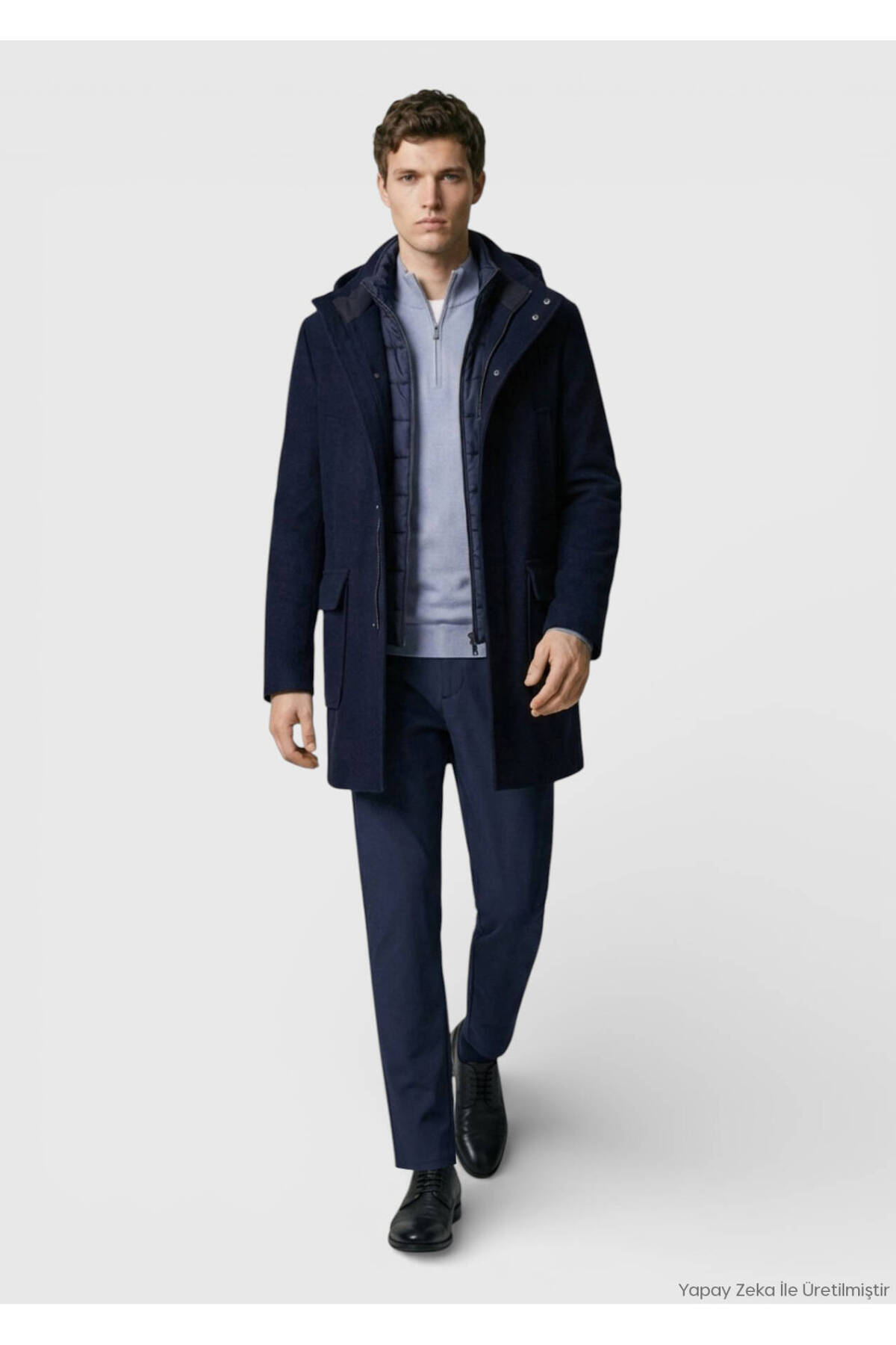 Ramsey Lacivert Regular Fit Kapüşonlu Casual Dokuma Kaban