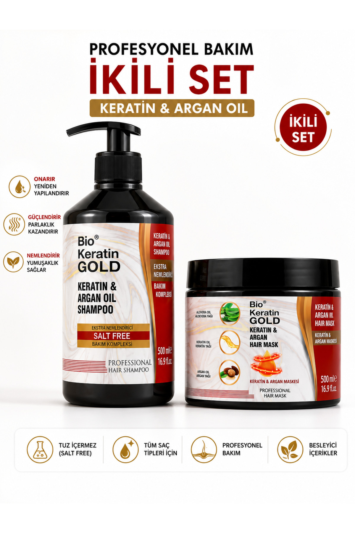 Argan&keratin Tuzsuz Şampuan 500 Ml + Argan&keratin Saç Bakım Maskesi 500 Ml — A506 — تصویر 3 از 6