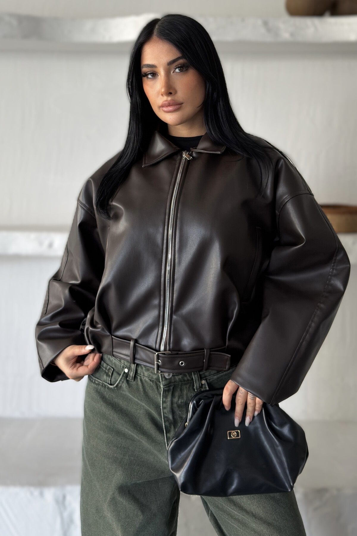 moda armanc Kadın Oversize Bomber Suni Deri Ceket | Yeni Sezon Kemerli Biker Ceket görsel 3