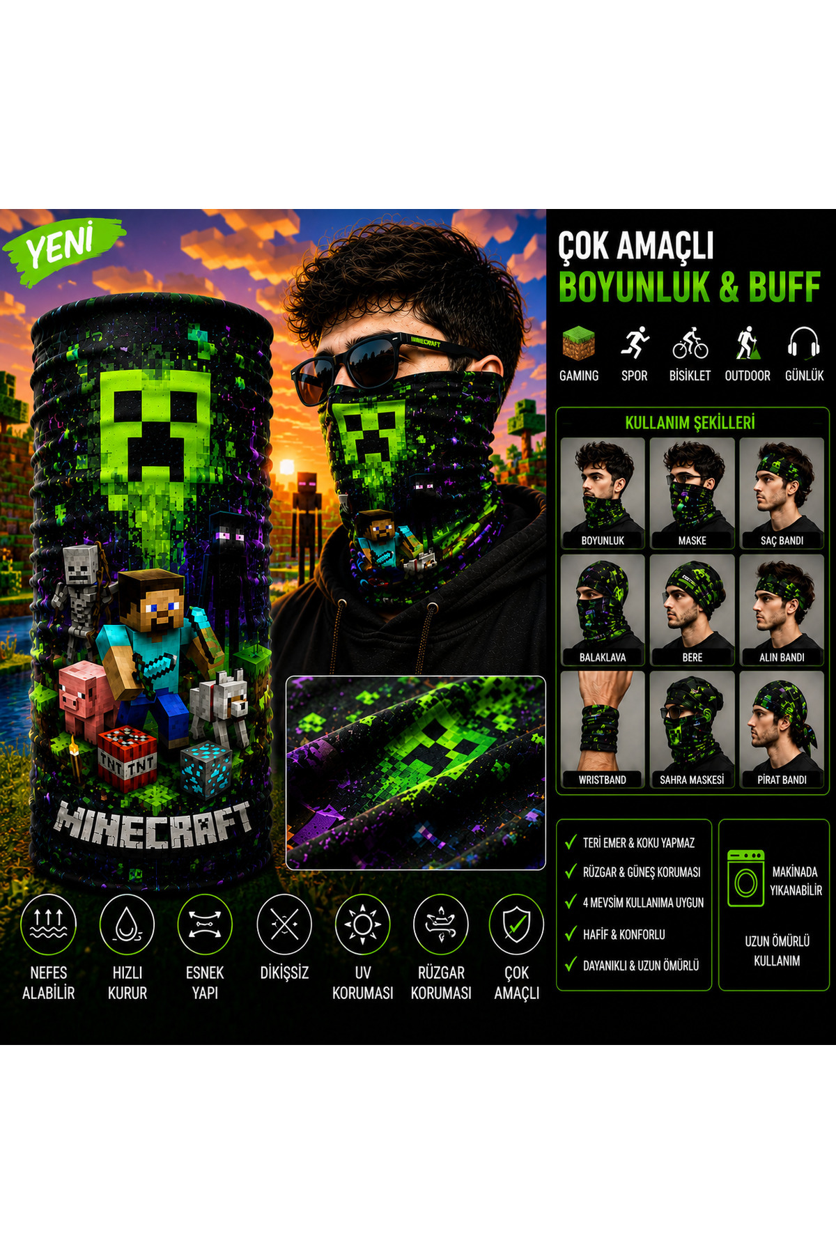 FG KONNİCHİWA Minecraft Oyun Senin Tarz Senin Gamer Kamufile Yüz Maskesi ve Boyunluk ve Günlük ve Motosiklet Kullanımı UV Korumalı Çok Amaçlı Boyunluk görsel 2