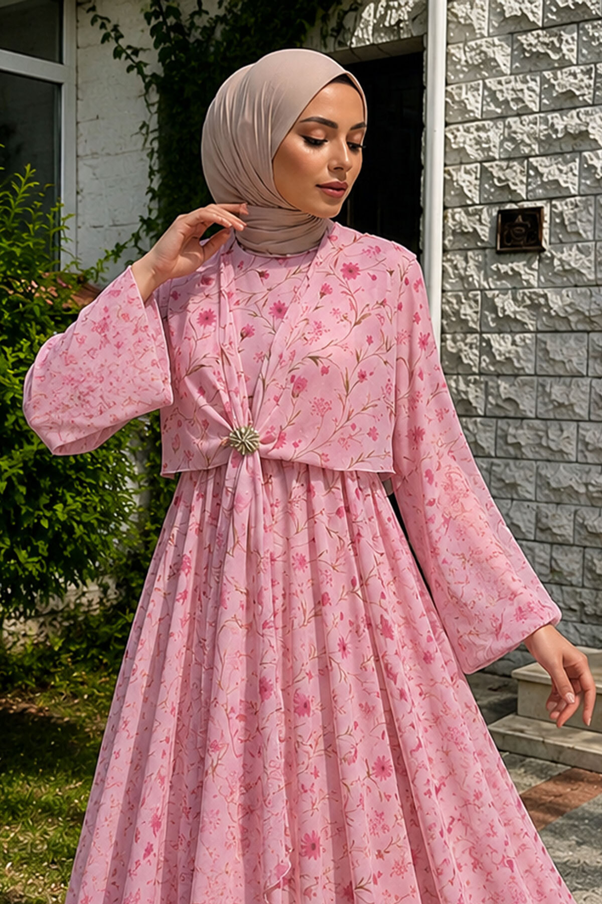 Tesettür Dünyası Çiçek Desenli Tokalı Şifon Elbise TSD260256 Pembe görsel 2