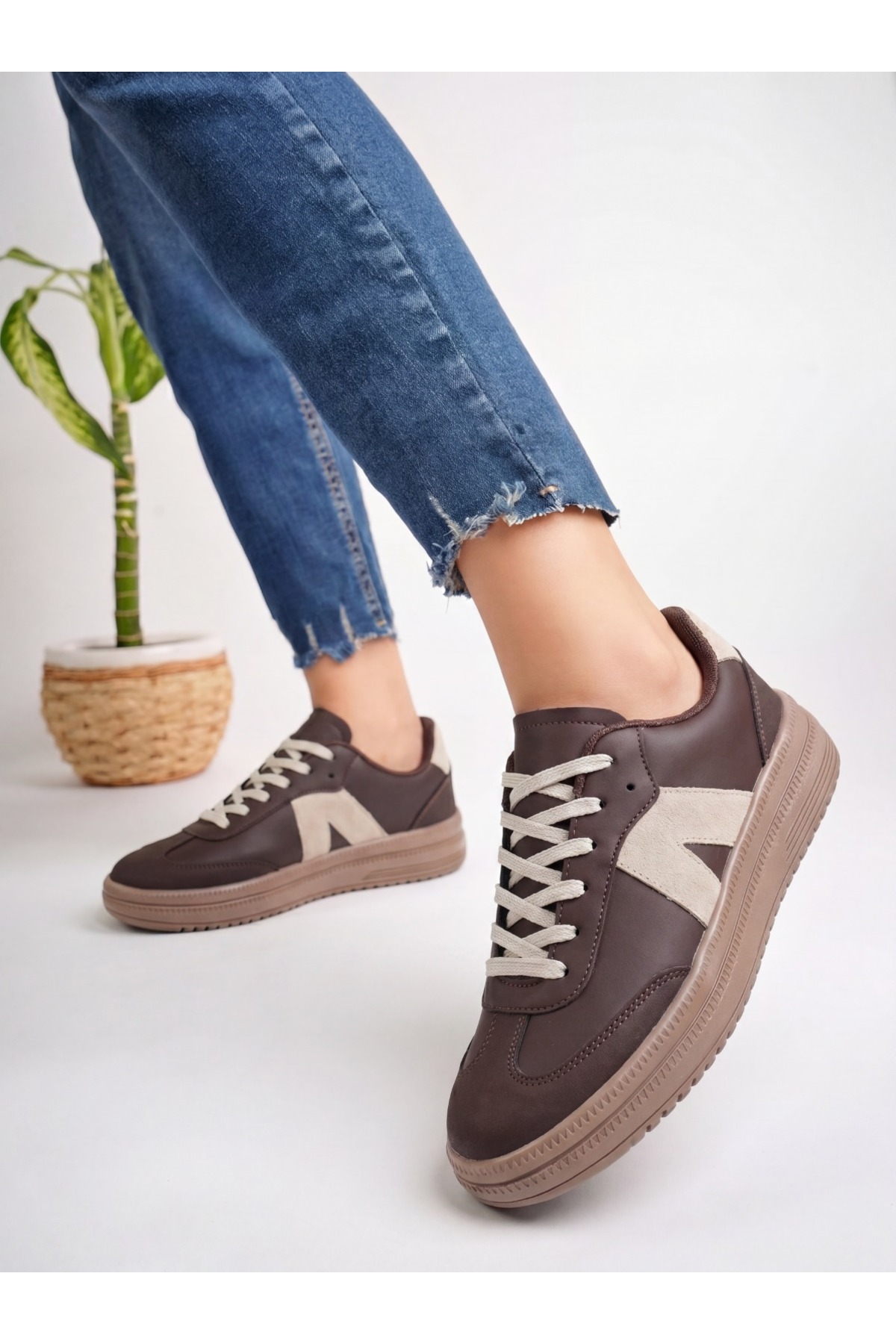 E SPORT Kadın Sneaker Yüksek Taban Ortopedik Bağcıklı Spor Ayakkabı Retro Kahve-011 görsel 5