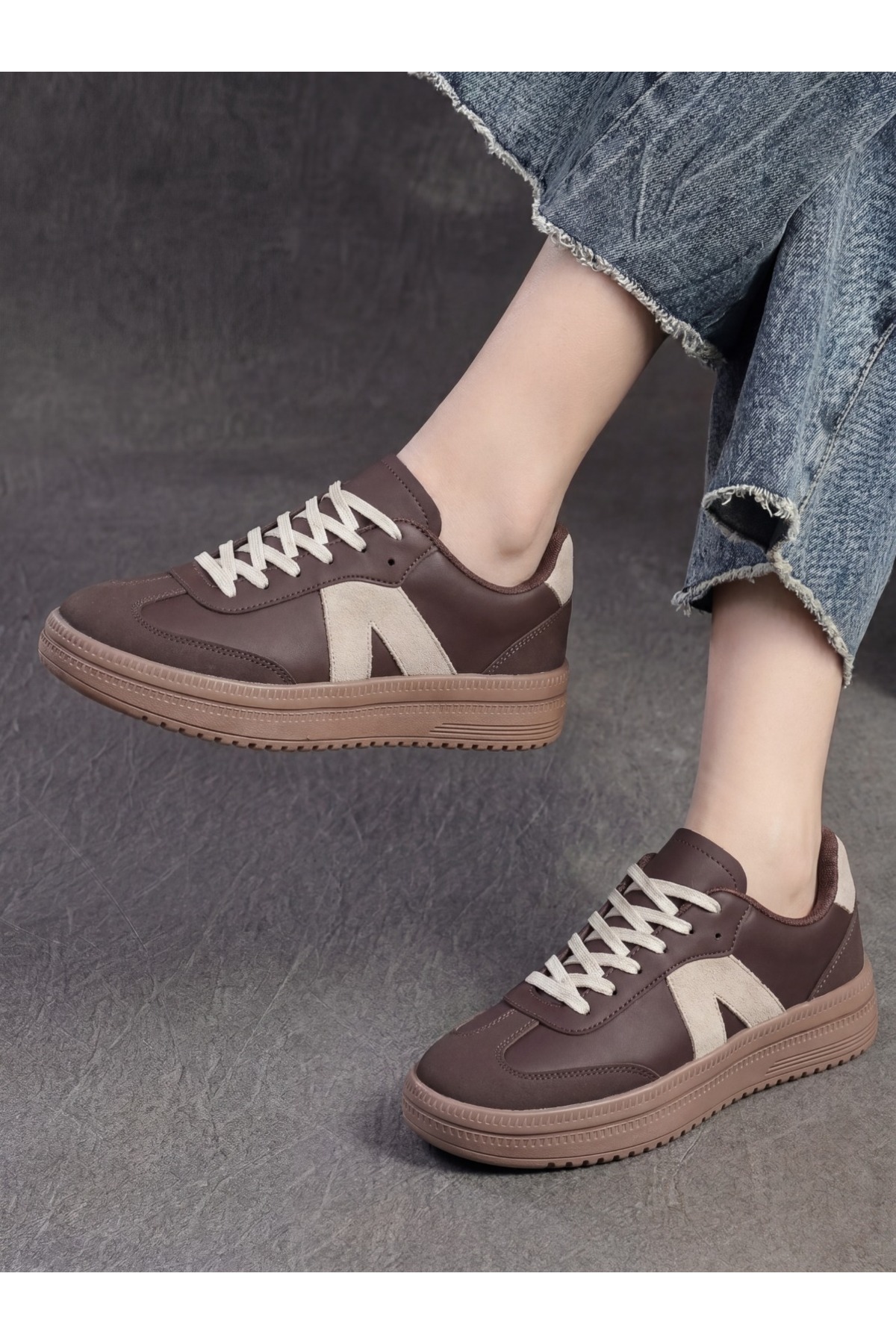 E SPORT Kadın Sneaker Yüksek Taban Ortopedik Bağcıklı Spor Ayakkabı Retro Kahve-011 görsel 6