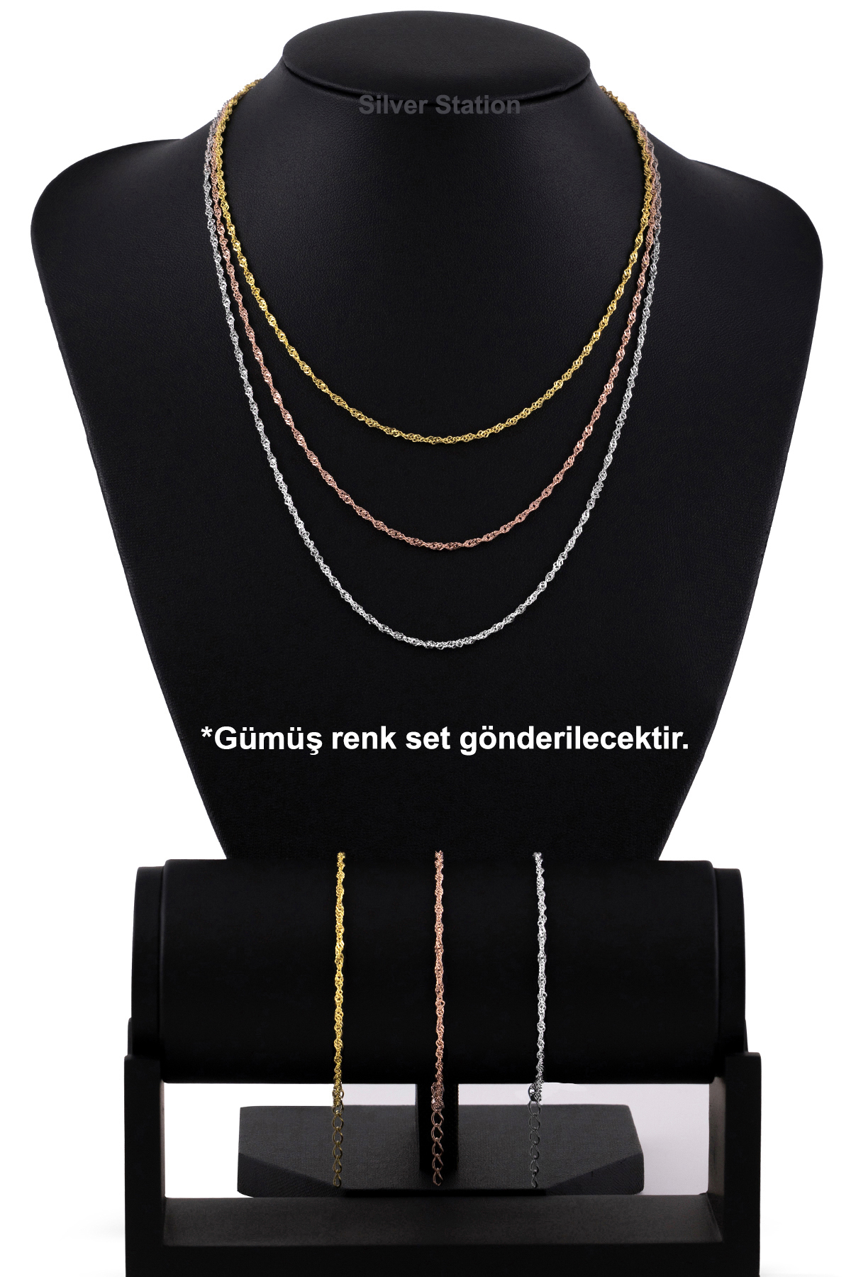 Silver Station 925 Ayar Gümüş Singapur Kolye ve Bileklik Set 40-45-50-55-60-75 cm görsel 2