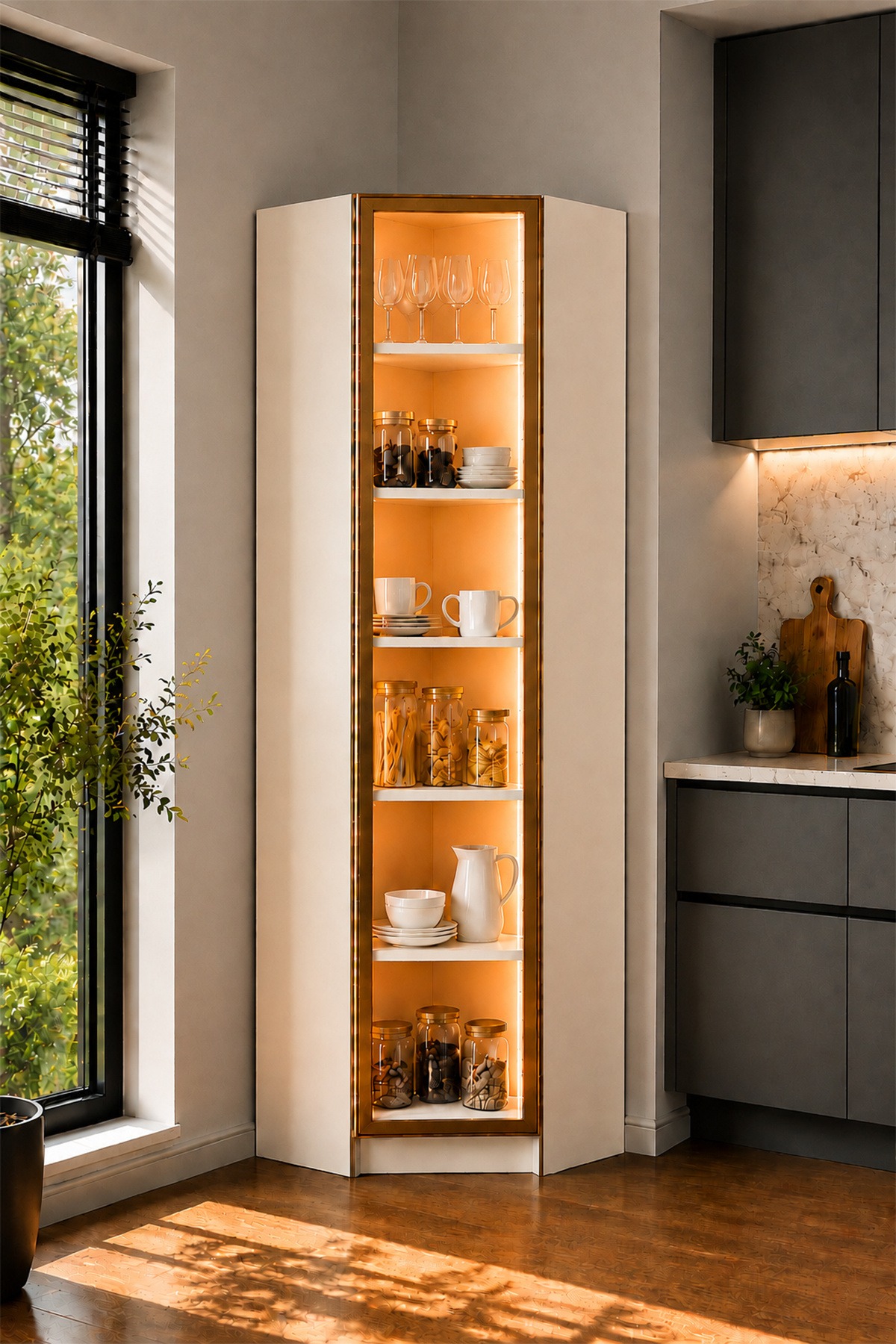 Dolce Köşe Modül Erzak Dolabı Led Işıklı Kiler Dolabı Temperli Camlı Çok Amaçlı Dolap Kitaplık 208 c